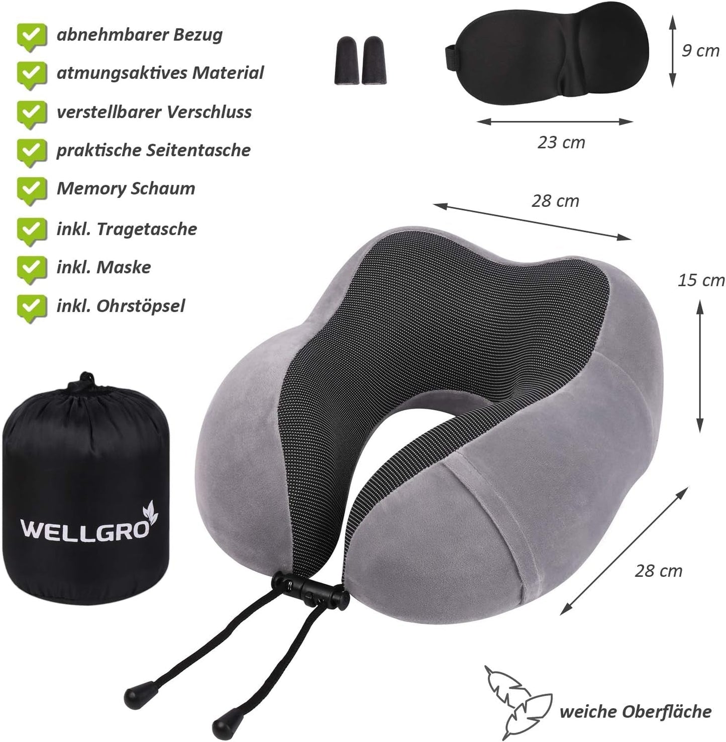 WELLGRO Juego de almohadas cervicales con antifaz para dormir 3D y tapones para los oídos - Funda extraíble - Espuma viscoelástica - Cierre de cremallera - Incluye bolsa de almacenamiento - Almohada de viaje - Color a elegir, Color:Gris Almohadas ortopédicas cervicales Naty Shop