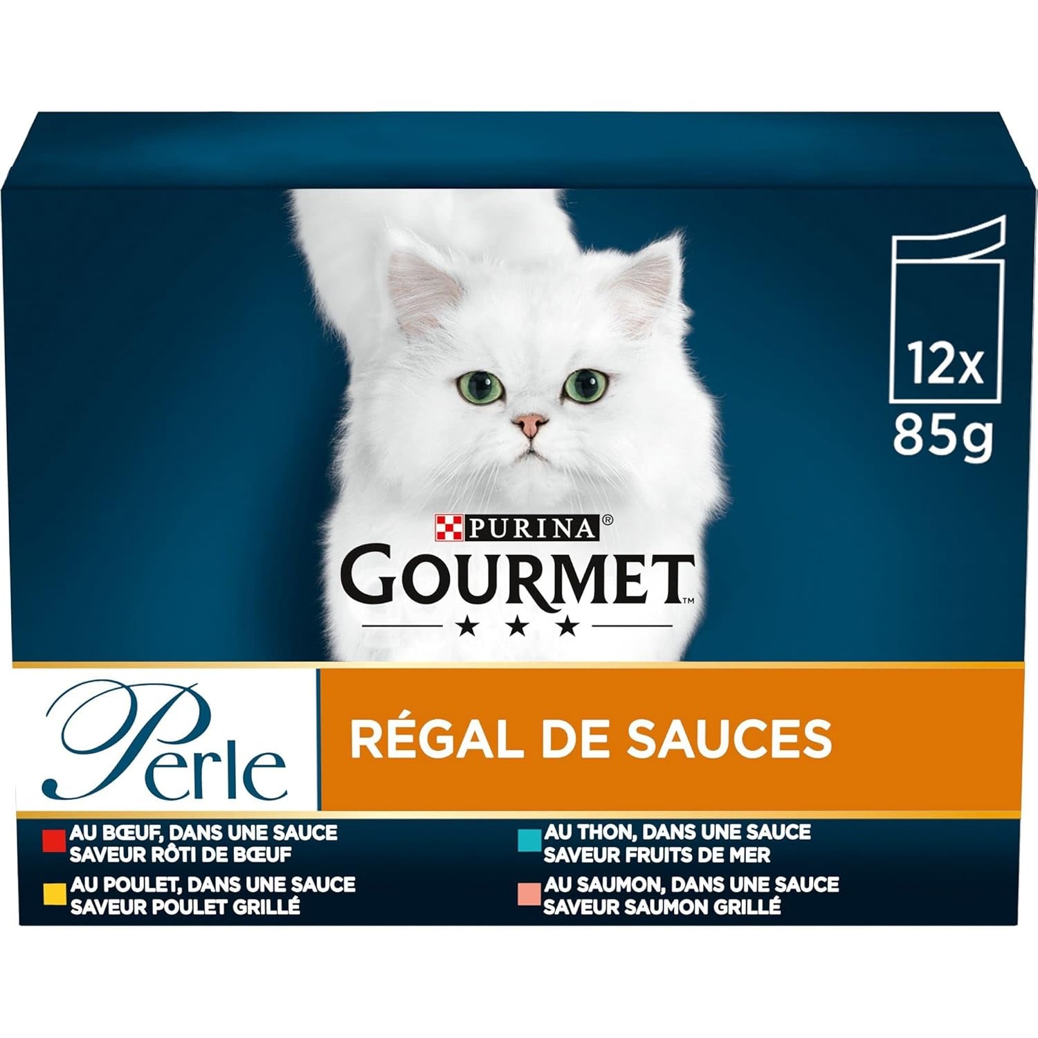 Perla | Porta salsa | Gato adulto | Carne de res, pollo, atún, salmón | 12 x 85 g | Bolsitas de frescura (el embalaje puede variar)