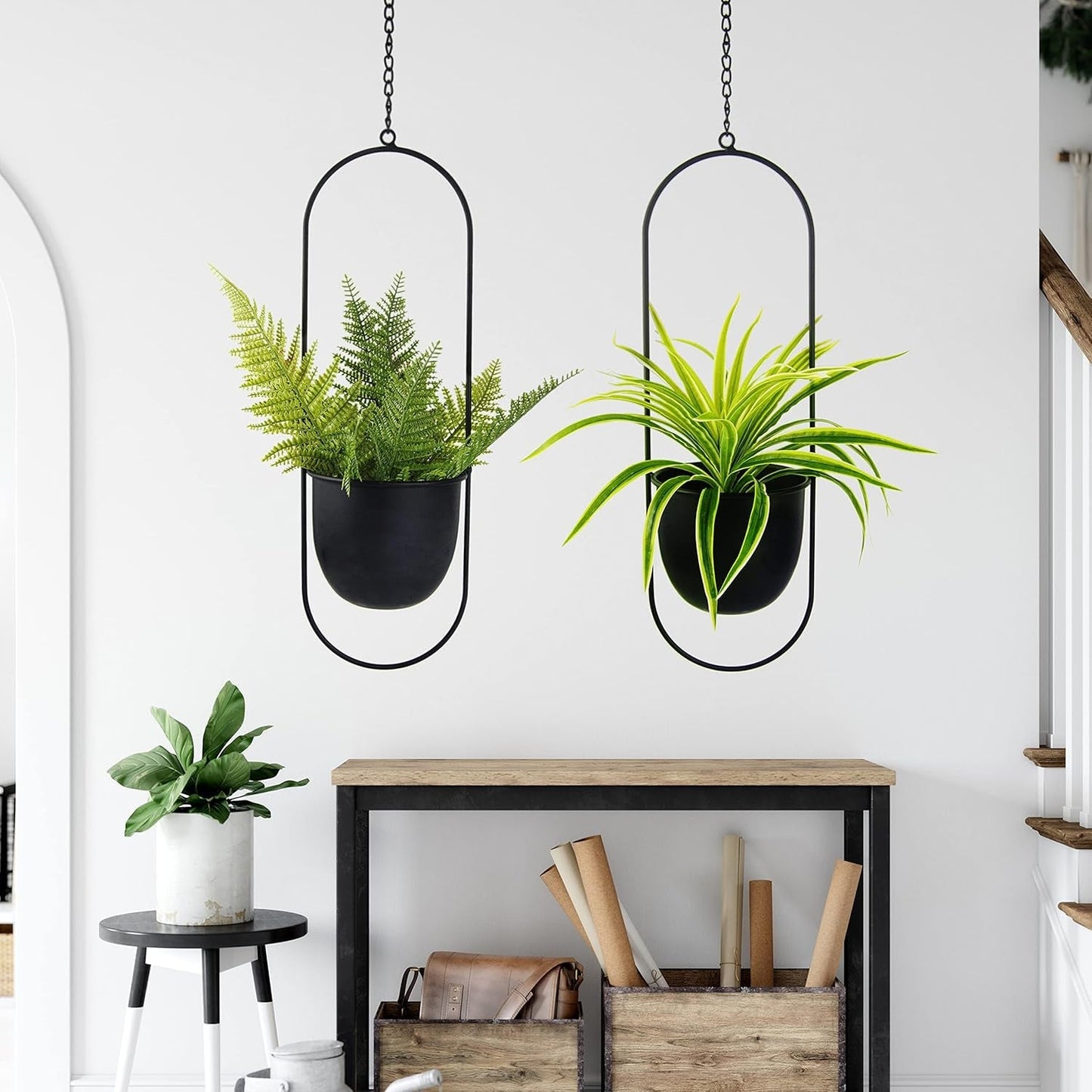 Macetas Colgantes de Metal 2 Piezas Colgador de Plantas geométrico Ovalado Negro con Macetas Jardinera Moderna de Pared y Techo Interior y Exterior 15,2 cm Macetas 2 Piezas
