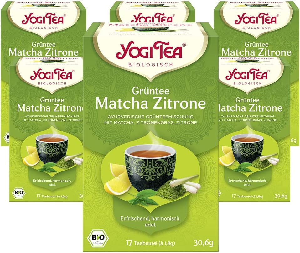 Yogi Tea - Té verde Matcha con limón, té verde ayurvédico de hierbas orgánicas, mezcla de té verde, Matcha, hierba de limón y lima, paquete de 6 té Yogi, 6 x 17 bolsas de té (102 bolsas de té en total)
