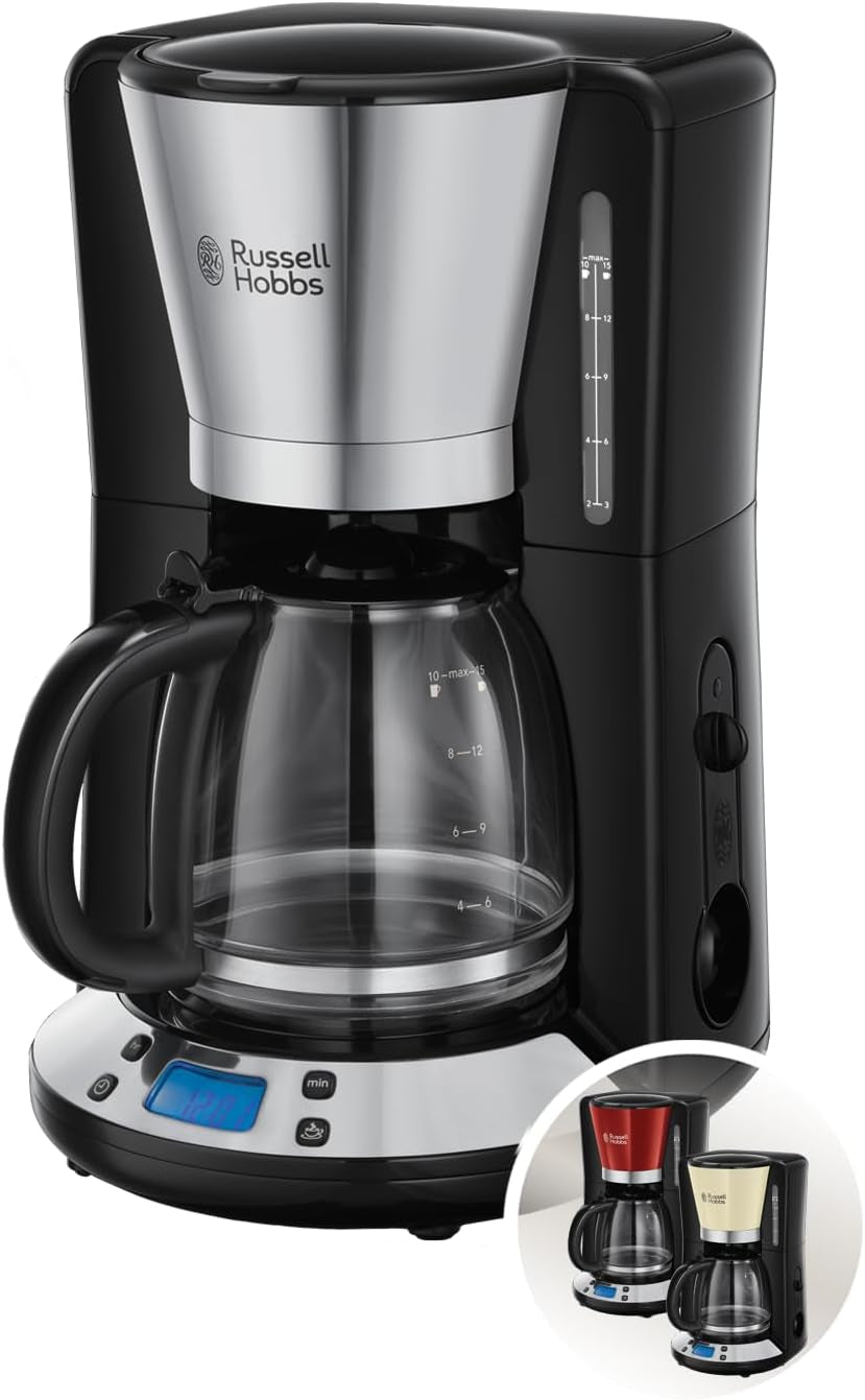 Cafetera Russell Hobbs [Temporizador digital, cabezal de ducha para una extracción y aroma óptimos] Colors+ Creme (1 a 10 tazas, jarra de vidrio de 1,25 L, placa calefactora, 1100 W) Cafetera de filtro 24033-56