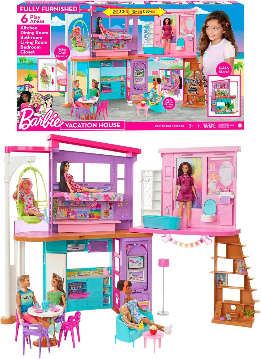 Barbie Holiday House (116 x 77,9 cm), Casa de juegos de 6 plazas, Totalmente amueblada con accesorios, muebles y ascensor, plegable y almacenamiento, muñeca, regalo para niños a partir de 3 años, HCD50