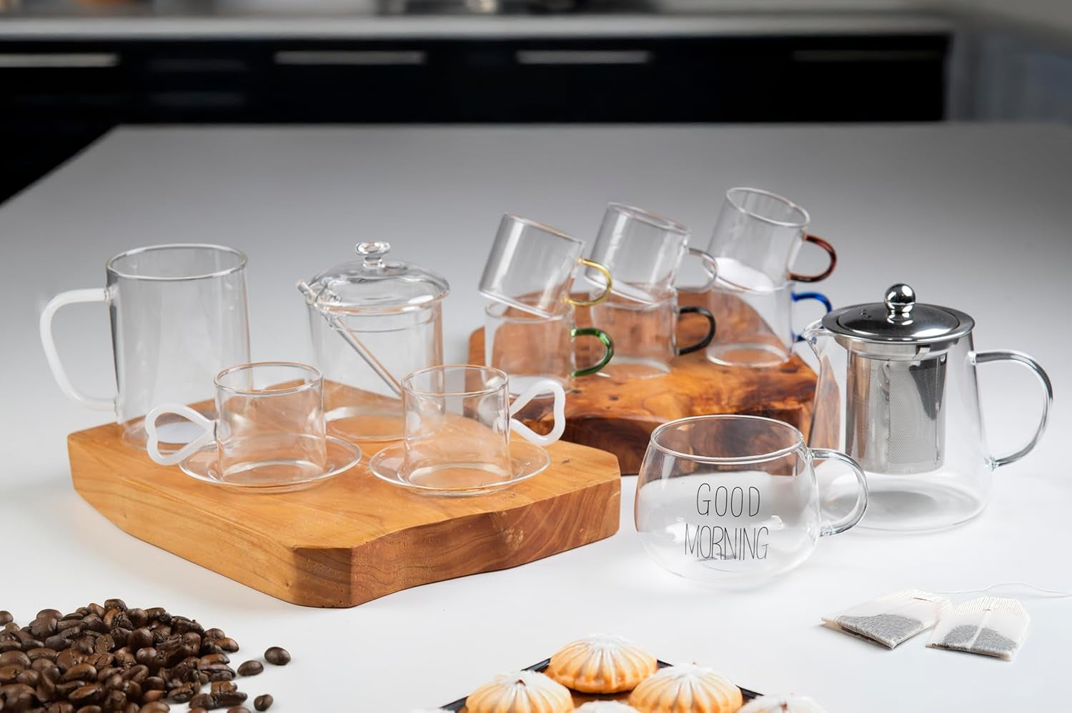 Tarro de vidrio borosilicato transparente de 300 ml con tapa y cuchara Good Morning
