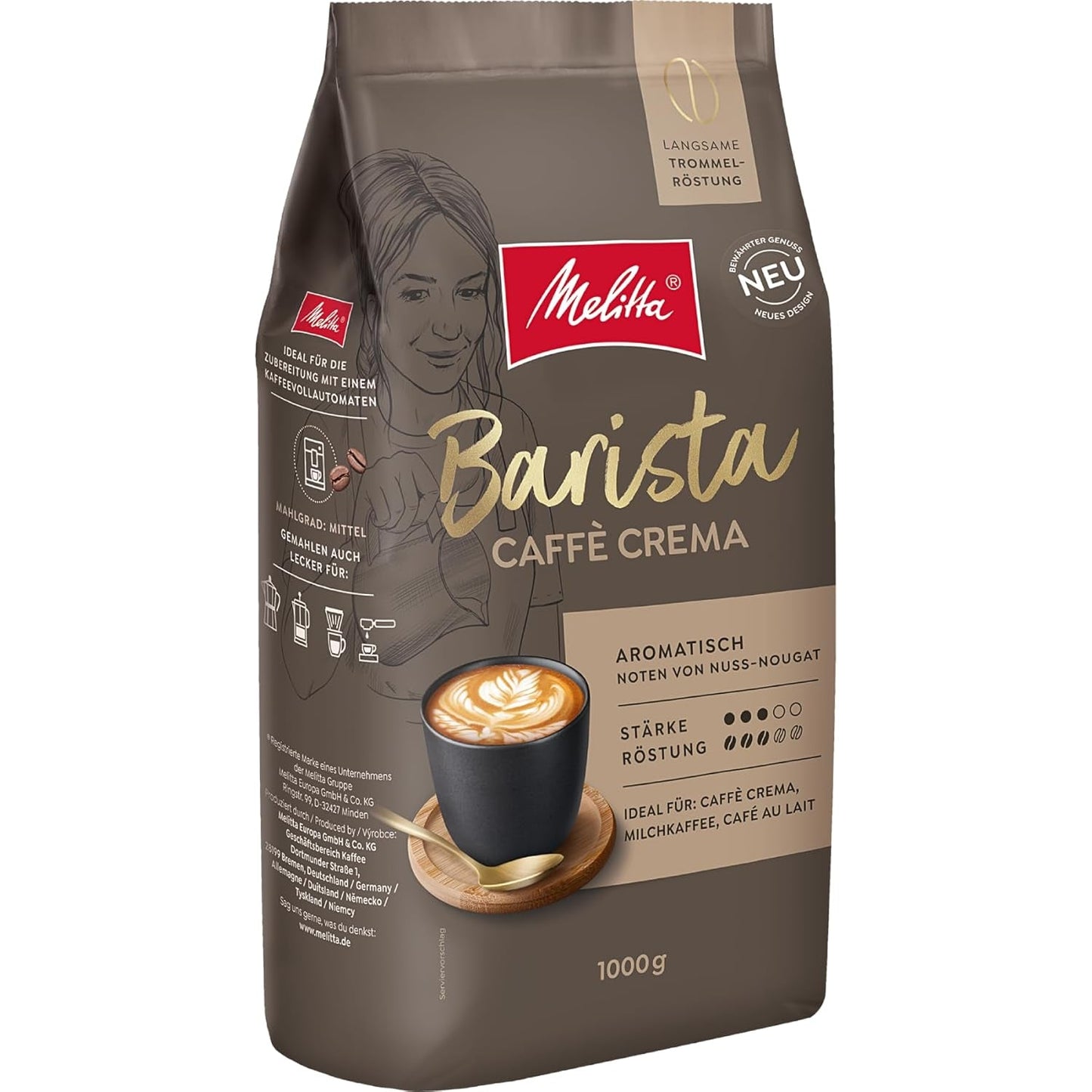 Melitta Barista Classic Crema, café en grano entero 1kg, Ungemahlen, Kaffeebohnen für Kaffee-Vollautomat, medium Röstung, Stärke 3, Verpackung kann varieren