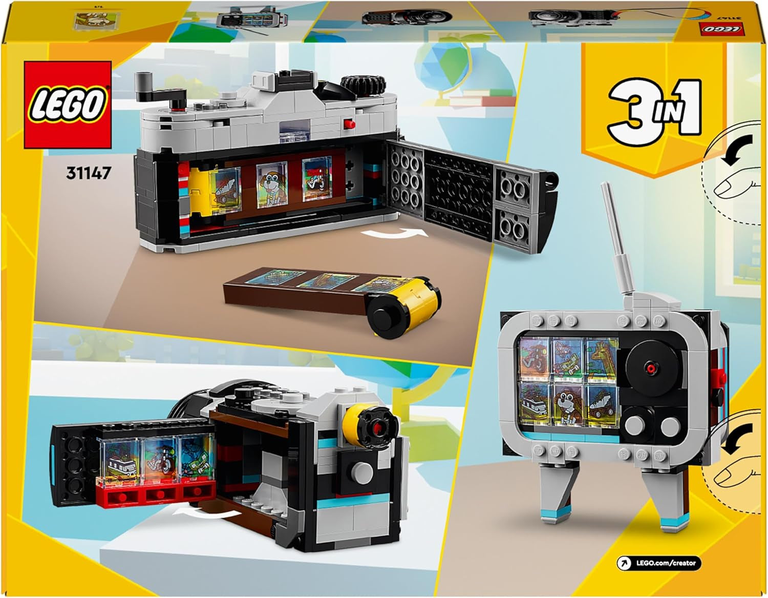 LEGO Creator Cámara de juguete retro 3 en 1, videocámara, televisor, decoración de escritorio para niños o accesorios de dormitorio, regalos de fotografía para niñas y niños de 8 años 31147 Juegos de construcción Besuche den LEGO-Store