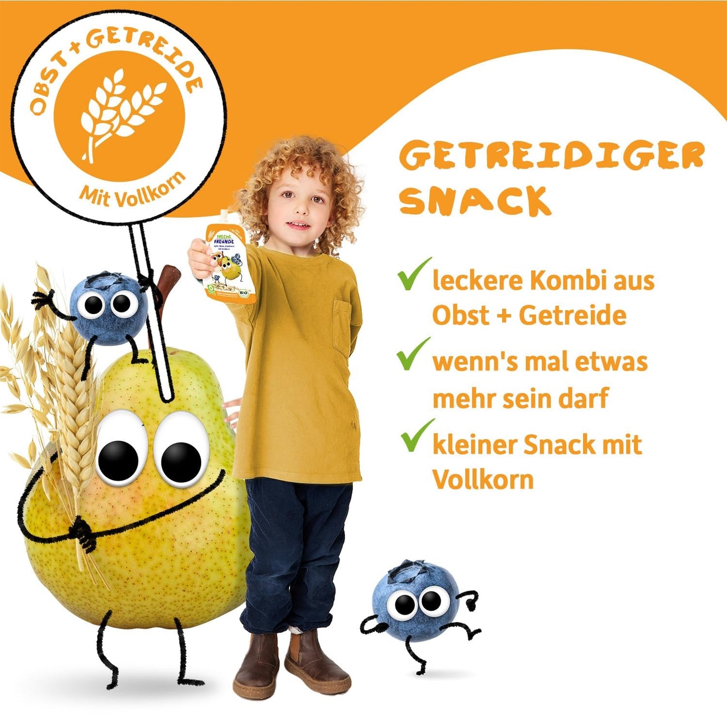 FRECHE FREUNDE Bolsita de frutas ecológicas Plátano, manzana, frambuesa, arándanos con avena, puré de frutas con cereales en bolsita comprimible para bebés a partir de 6 meses, vegano, paquete de 6 (6 x 100 g)