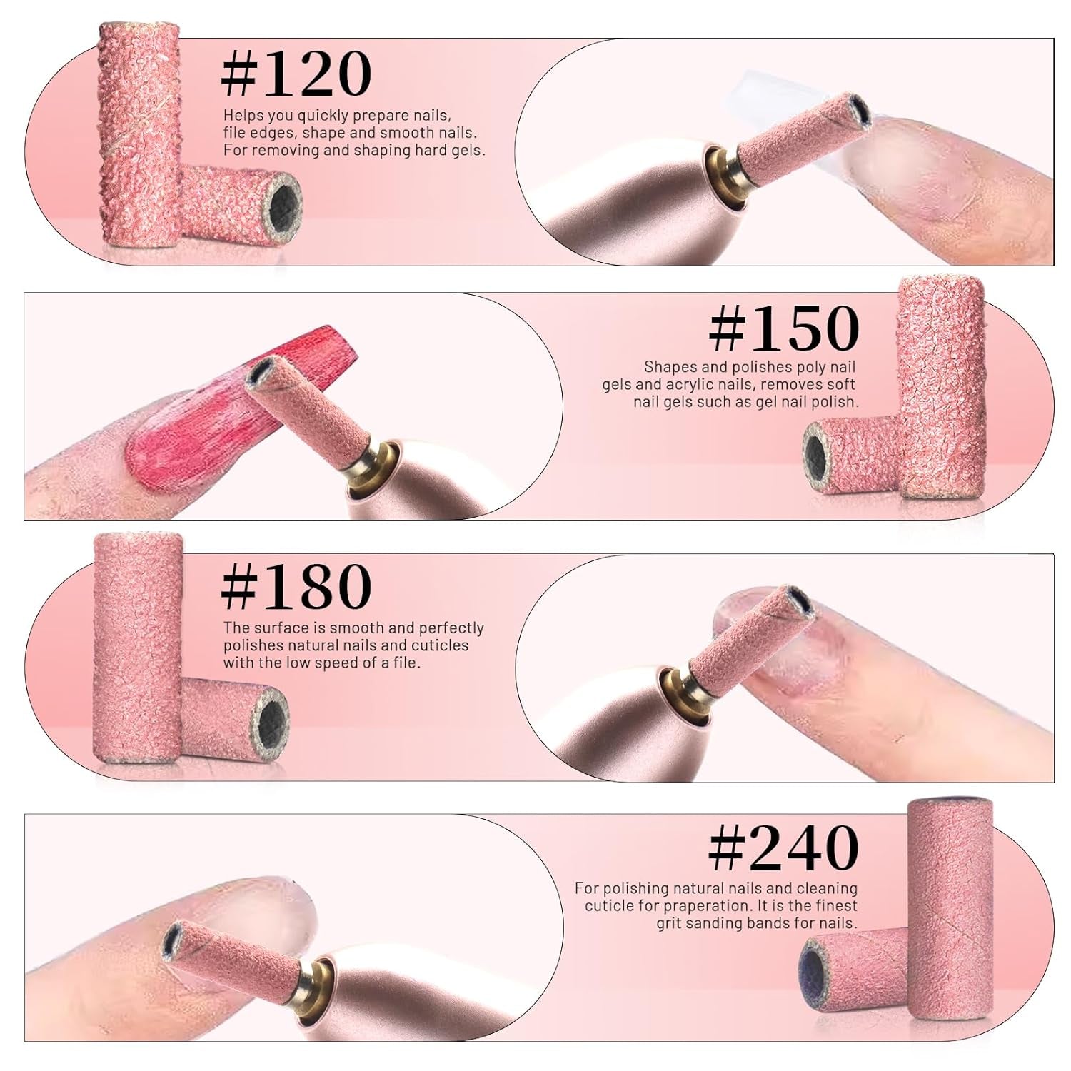 BLESWIN 100 correas de lijado pequeñas para brocas de uñas, grano fino 240 con 2 brocas de 0.118 in, mini correas de lijado para pulir uñas naturales y limpiar cutículas para preparación, rosa