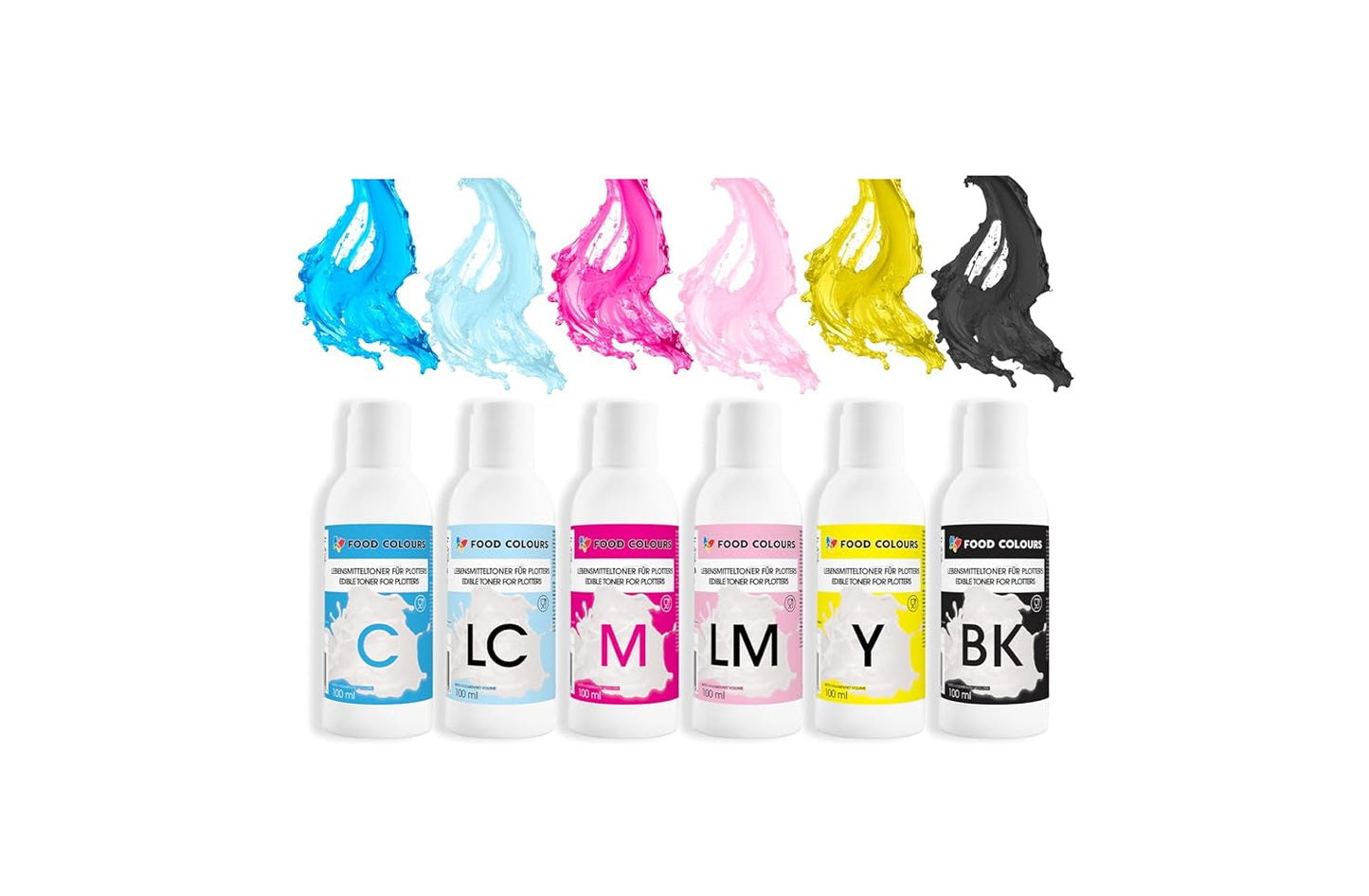 Set de colorantes alimentarios con tintas comestibles para plotters 6 x 100 ml | Cian claro | Cian | magenta claro | | Magenta | Amarillo | Negro | Impresión comestible, impresión de papel de oblea, cobertura decorativa para pasteles