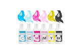 Set de colorantes alimentarios con tintas comestibles para plotters 6 x 100 ml | Cian claro | Cian | magenta claro | | Magenta | Amarillo | Negro | Impresión comestible, impresión de papel de oblea, cobertura decorativa para pasteles