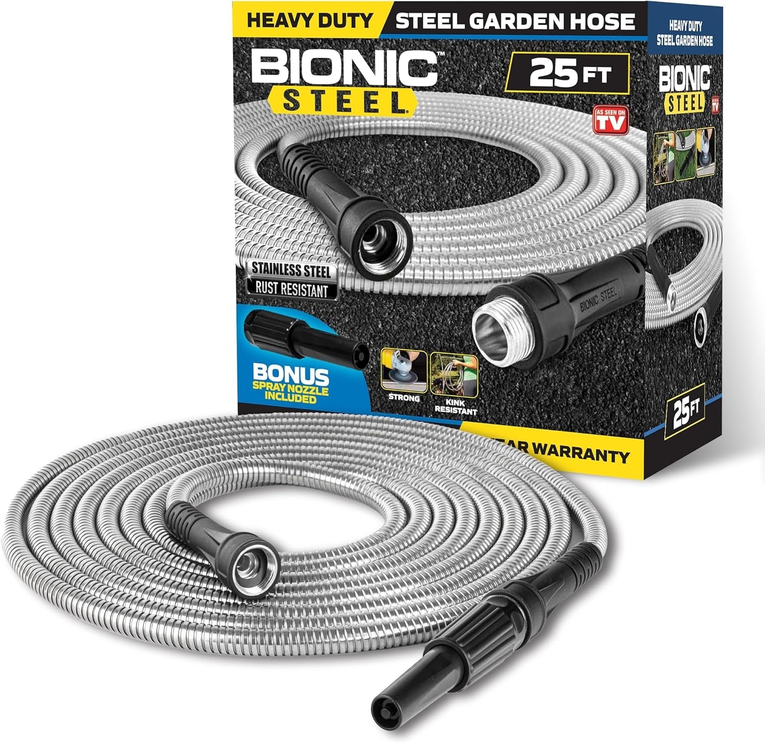 Manguera de jardín de 30 m, manguera de agua de metal de acero inoxidable 304, manguera flexible de 30 m, antitipo, ultraligera y duradera, resistente al desgarro, fácil de enrollar, 500 PSI