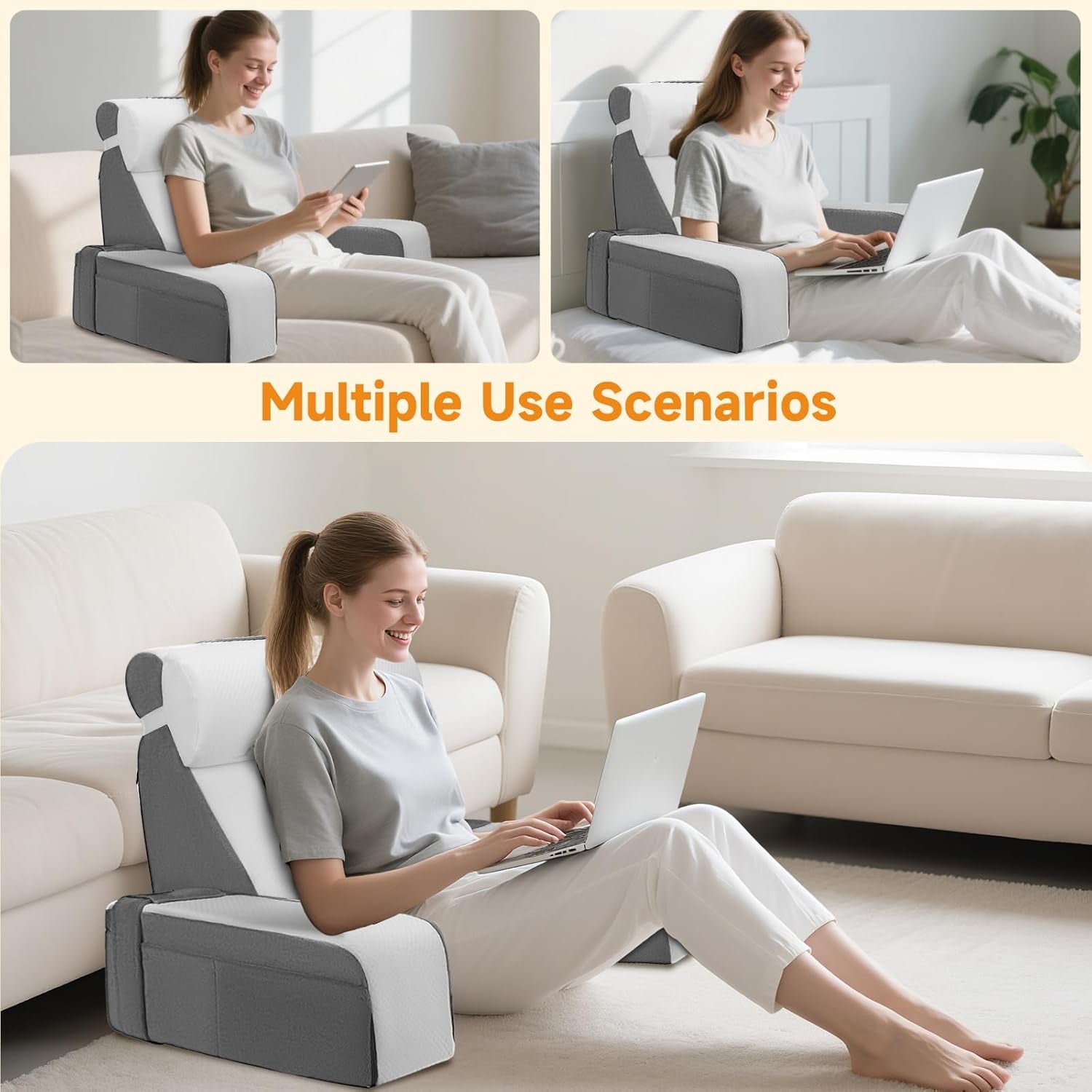 Almohada de lectura grande con soporte para el cuello y reposabrazos extraíbles, almohada de respaldo para cama, almohada de respaldo ergonómica con brazo, bolsillo y funda lavable para leer y ver televisión.