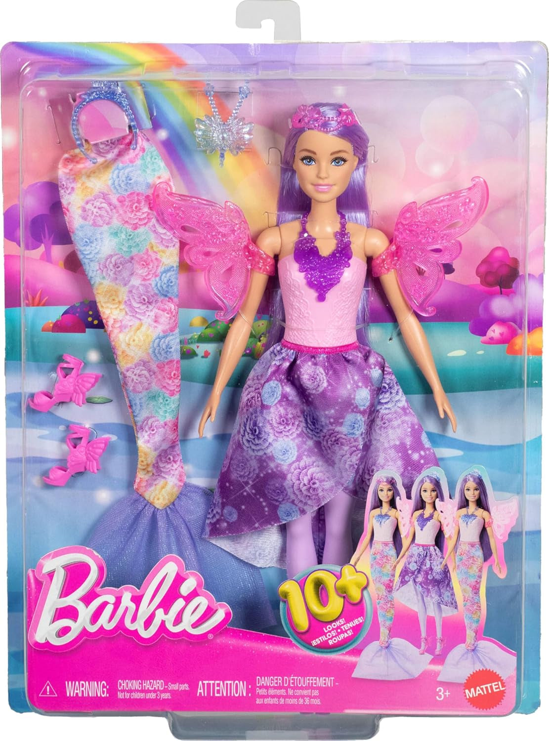Barbie Doll Juego 3 en 1 con 8 accesorios que incluyen cola de sirena, alas de hada, collares reales, zapatos y más para más de 10 looks diferentes, JCP74