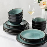 GBhome Juego de vajilla de porcelana para 4 personas, 12 piezas, esmaltado reactivo, hecho a mano, apto para microondas y lavavajillas, juego de platos y cuencos, color petróleo GDW025WB-EU