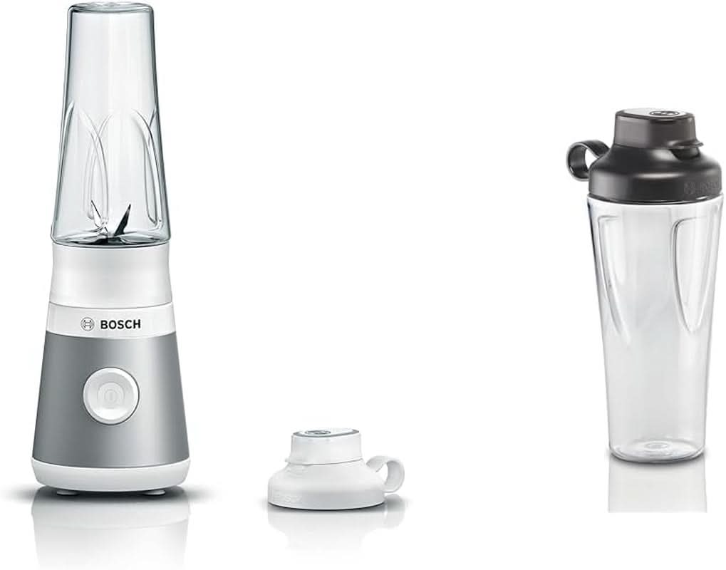 Bosch Minibatidora con base Vitapower Serie 2 MMB2111S, Batidora de alta velocidad, Bis Zu 40.000 rpm, Tritan Togo-Flasche 0,6 L, Trinkdeckel, Bruchsicher, Spülmasch.Geeignete Teile, 450W, Plata/Negro Cocina Naty Shop Bundle Mit Togo-Flasche Silber / Weiß