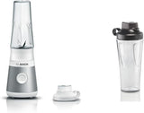 Bosch Minibatidora con base Vitapower Serie 2 MMB2111S, Batidora de alta velocidad, Bis Zu 40.000 rpm, Tritan Togo-Flasche 0,6 L, Trinkdeckel, Bruchsicher, Spülmasch.Geeignete Teile, 450W, Plata/Negro Cocina Naty Shop Bundle Mit Togo-Flasche Silber / Weiß