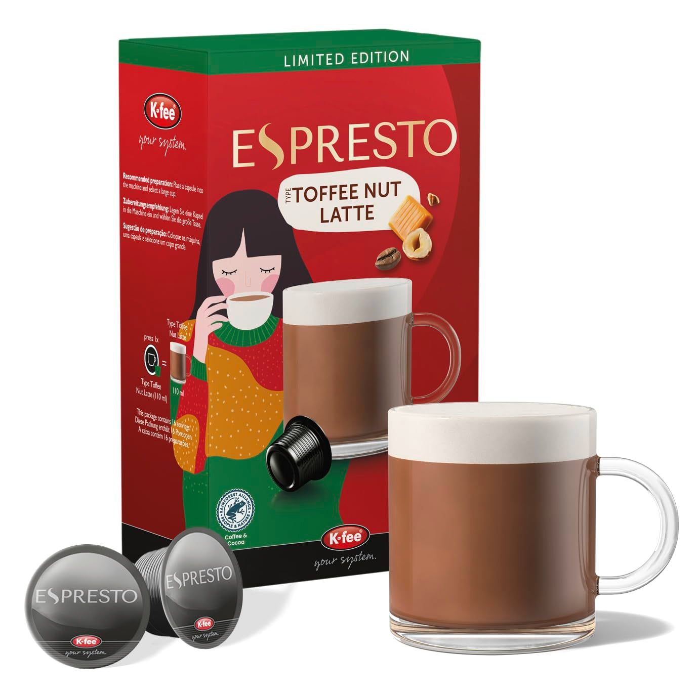 ESPRESTO Toffee Nut Latte, compatible con K-fee y ALDI EXPRESSI*, café con leche aromatizado, certificado RFA, 96 cápsulas