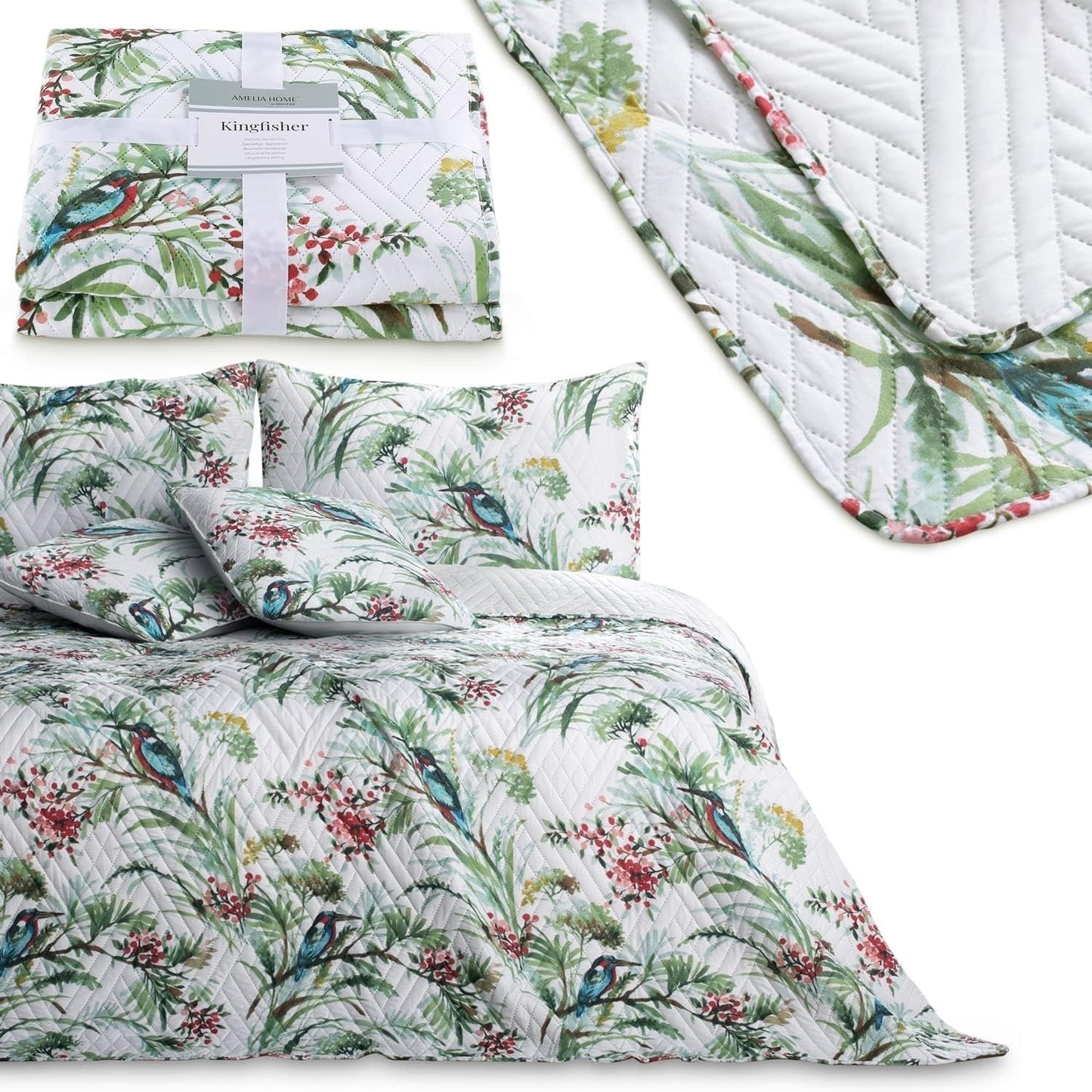Ameliahome Colcha Colcha 260X280 Cm Acolchado De Doble Cara De Fácil Cuidado Estampado De Plantas Estampado De Pájaros Kingfisher Multicolor Camas Y Mantas Besuche den AmeliaHome-Store