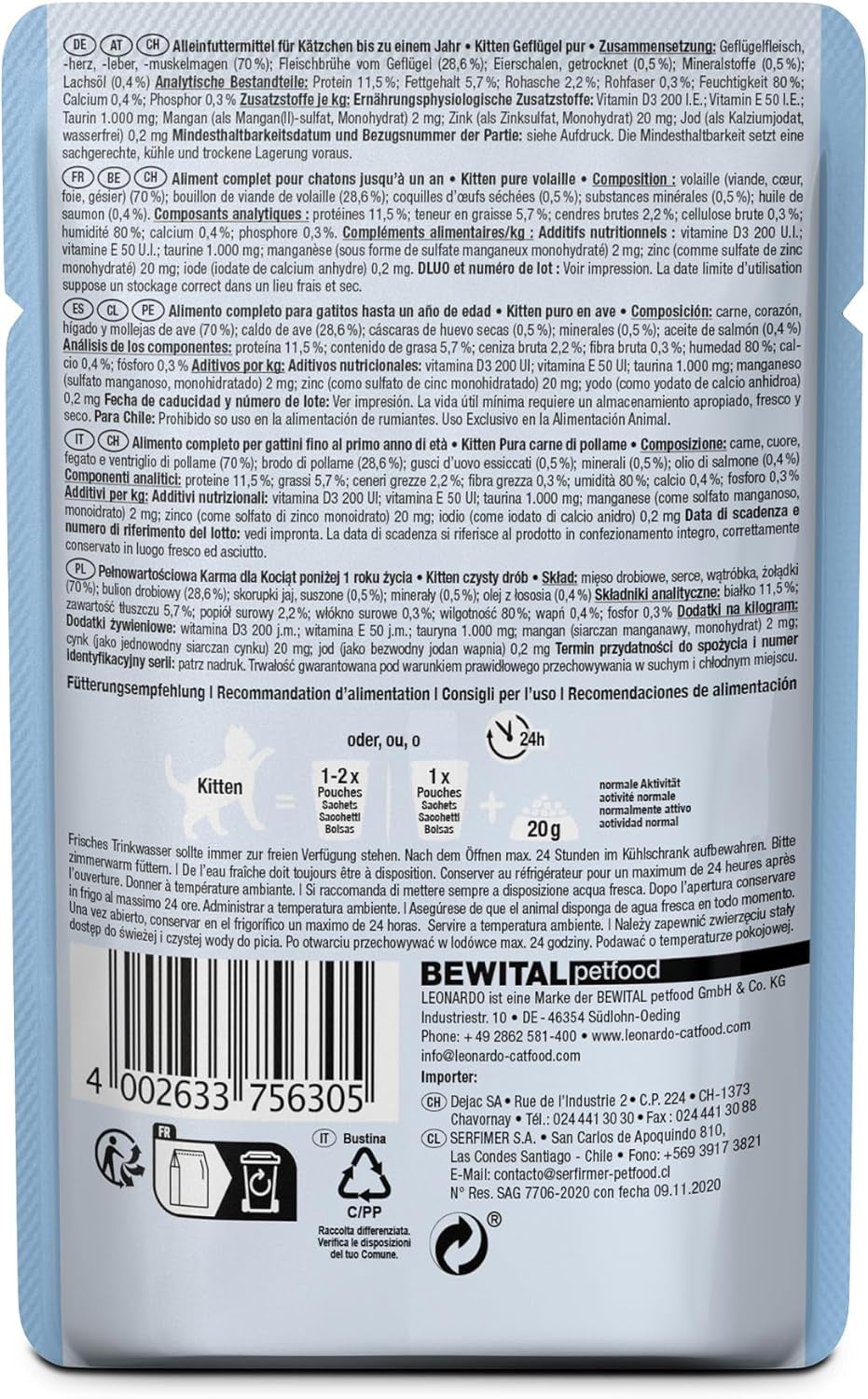 LEONARDO Fresh Bags [16 x 85 g de comida húmeda para gatos, sin cereales] | Comida húmeda completa en sobres individuales