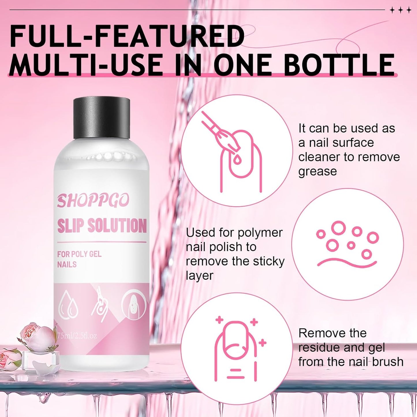 Solución para uñas Polygel, kit para uñas con solución antideslizante Polygel, soluciones líquidas para uñas Polygel de 75 ml, 5 clips para puntas de uñas, 3 cepillos para uñas, 1 vaso de cristal, 100 hojas de limpieza