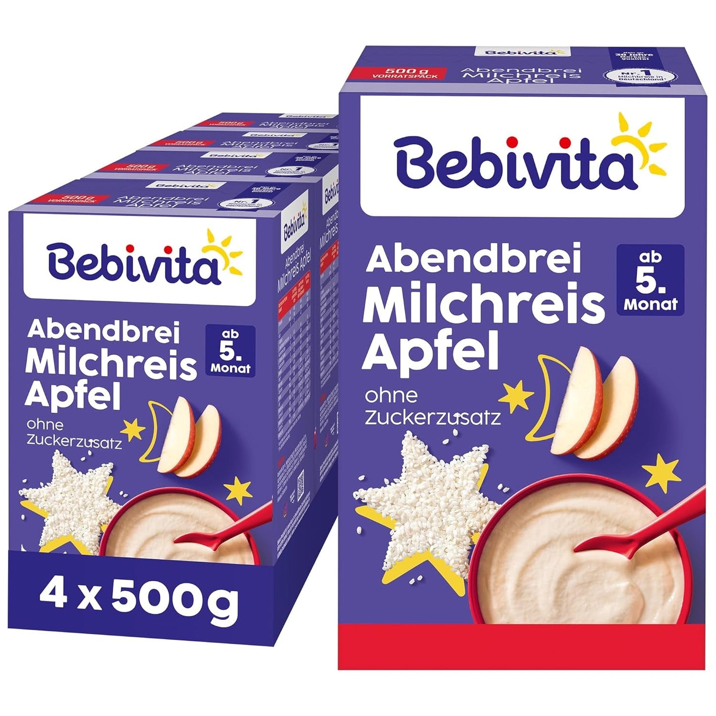 Arroz con leche con manzanas y papilla de noche (4x500 g), papilla de leche a partir de 5 meses, con valiosos minerales y vitaminas, sin azúcares añadidos, muy saciante