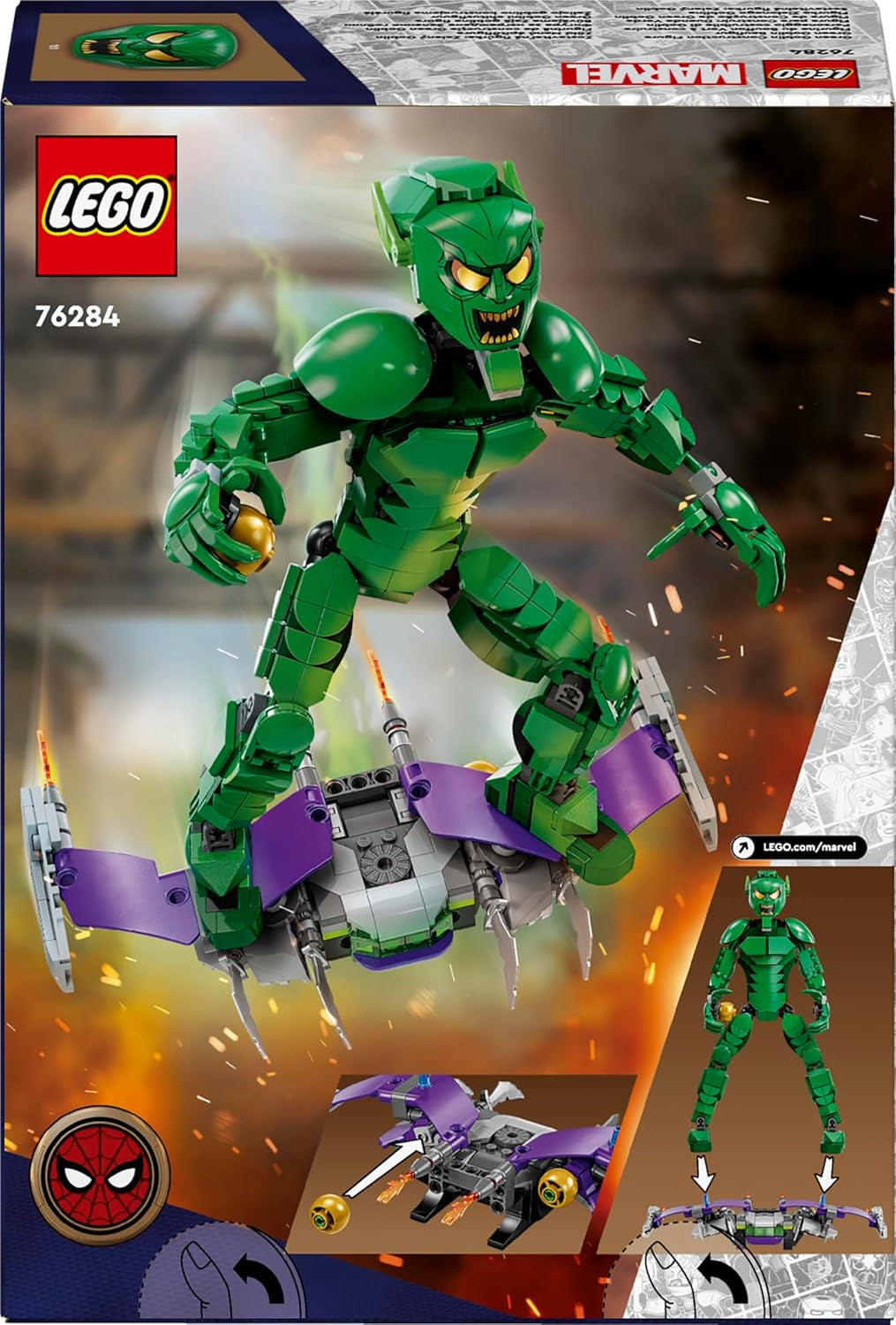 LEGO Marvel Figura de Construcción del Duende Verde, Supervillano, Juguete de Construcción Móvil para Niños a partir de 8 años, Niños y Niñas, Set del Universo Spider-Man con Deslizadores y Bombas de Calabaza, Idea de Regalo de Superhéroe 76284 Juegos de Construcción Besuche den LEGO-Store