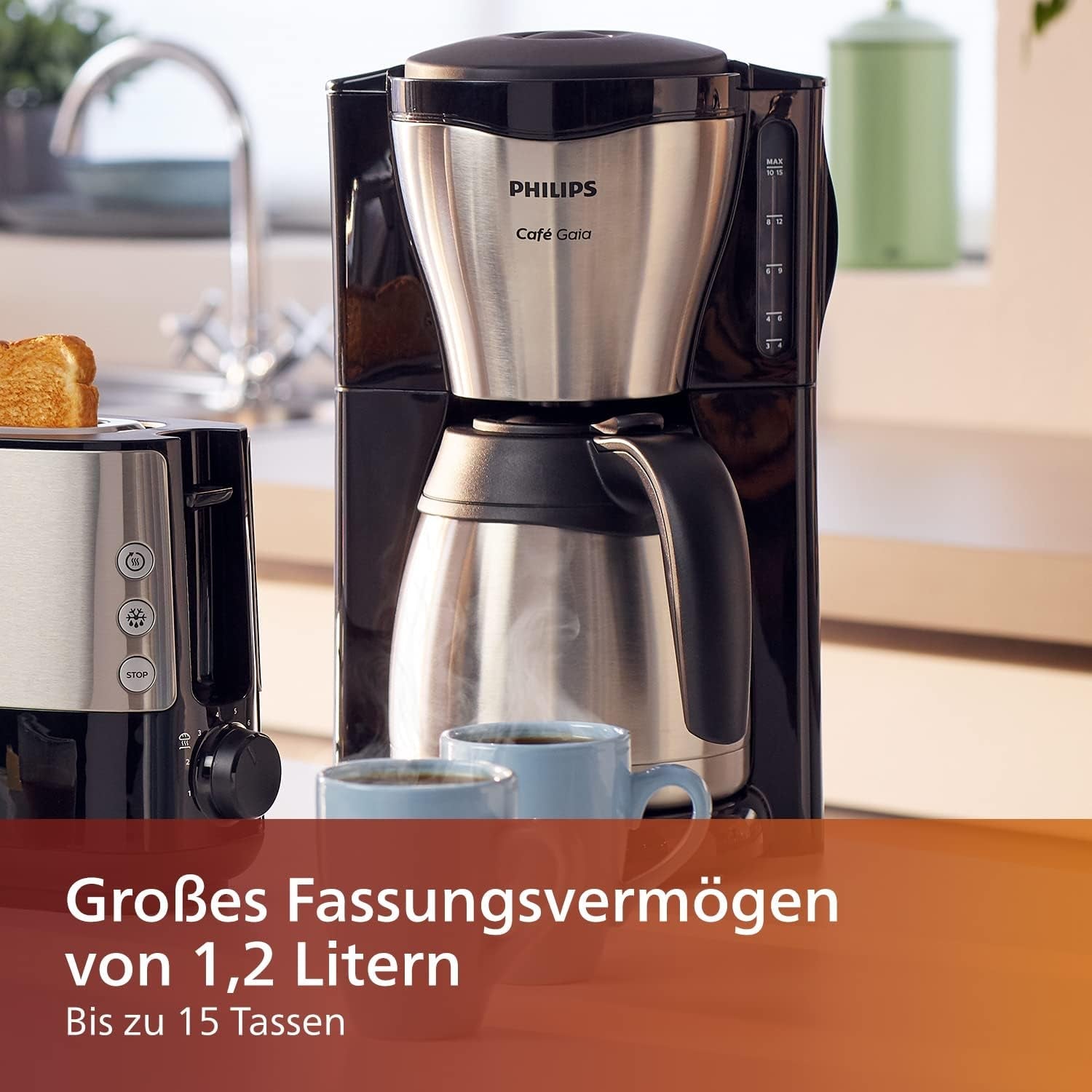 PHILIPS Café Gaia Cafetera Espresso con Filtro - Jarra Termo de Acero Inoxidable, Sistema Antigoteo, Aroma Intenso, Apagado Automático, 1300ml, Negra (HD7546/20)