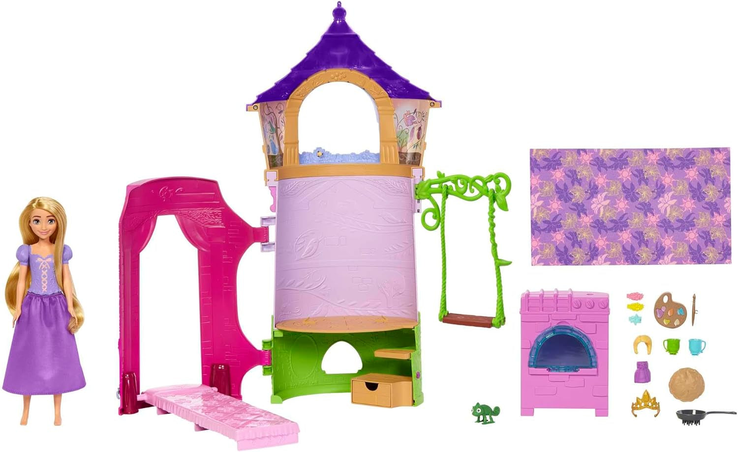 Princesas Disney HMV99 - Muñeca Rapunzel Móvil y Torre de Juegos con Diversión por Todos lados, 6 Áreas de Juego y 15 Accesorios, Inspirada en la Película de Disney, Juguetes para Muñecas de 3 Años Naty Shop Muñecas Torre de Rapunzel