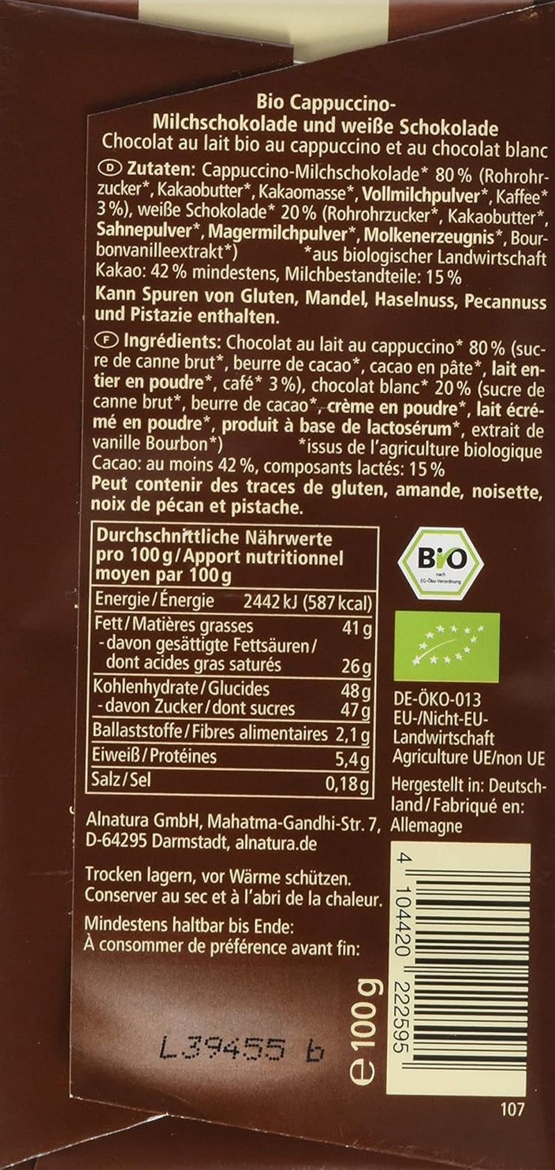Chocolate orgánico relleno de capuchino, 100g