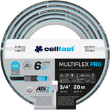 Manguera de jardín Cellfast MULTIFLEX PRO, duradera, 6 capas, trenza tejida ATS2, resistente a los rayos UV y a las algas, sin metales pesados, tecnología Velvet, 35 bar, -20/+65°C, 3/4", 30m