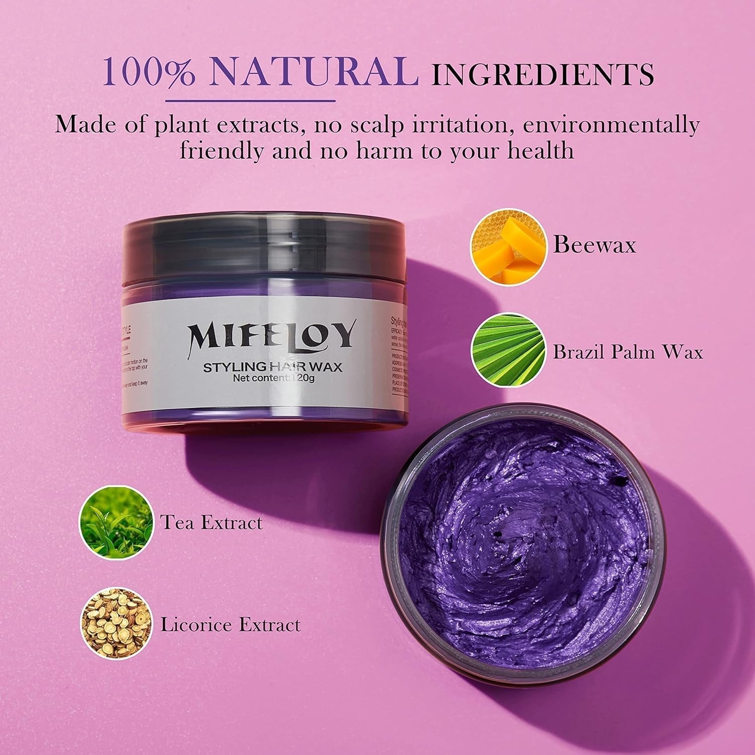 Tinte para el cabello morado de 4.23 oz, color de cabello temporal con pinceles, cera para el tono del cabello para hombres y mujeres, crema para el cabello instantánea, pomada de peinado natural, DIY Cosplay, cera para el cabello de Halloween, tinte para el cabello Naty Shop