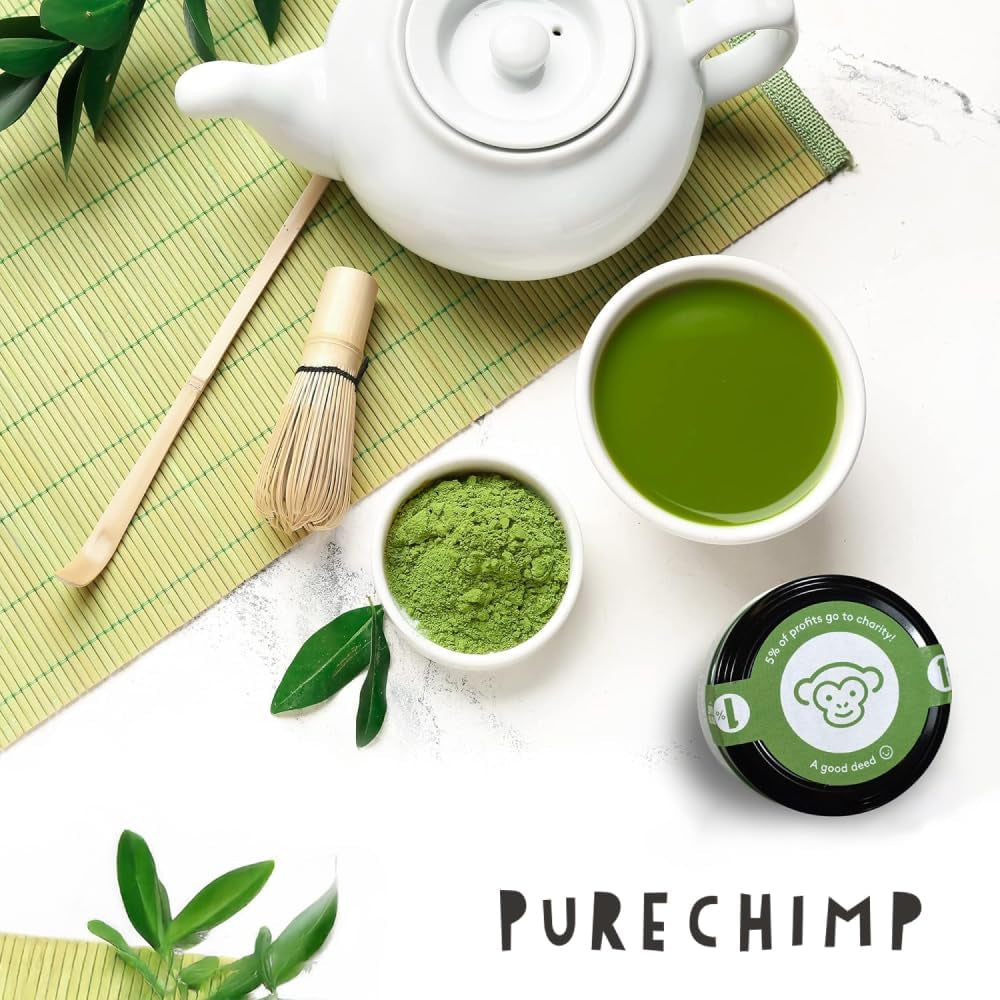 Purechimp Polvo Matcha Grado Ceremonial 50g. Té en polvo 100 % puro cultivado en sombra para cafés con leche, infusiones y recetas. Tarro reciclable. Rico en antioxidantes.