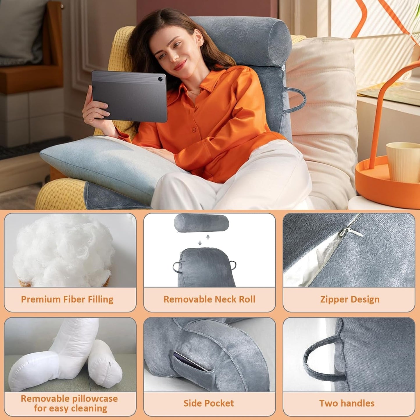 Almohada de lectura XL para cama y sofá con rollo para el cuello desmontable, almohada de espalda ideal para adultos con espuma viscoelástica para leer cómodamente, trabajar, jugar, mirar televisión, relajarse (gris)