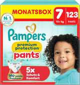 Pampers Premium Protection Pants Talla 7, 123 pañales, 15 kg+, con ajuste de 360° y puños suaves antifugas para una comodidad y protección óptimas