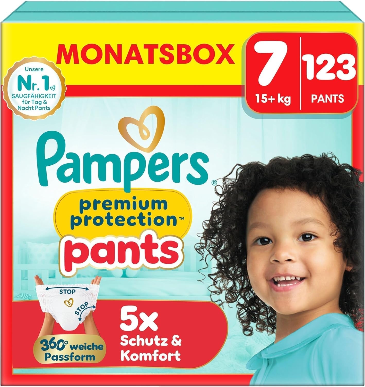 Pampers Premium Protection Pants Talla 7, 123 pañales, 15 kg+, con ajuste de 360° y puños suaves antifugas para una comodidad y protección óptimas