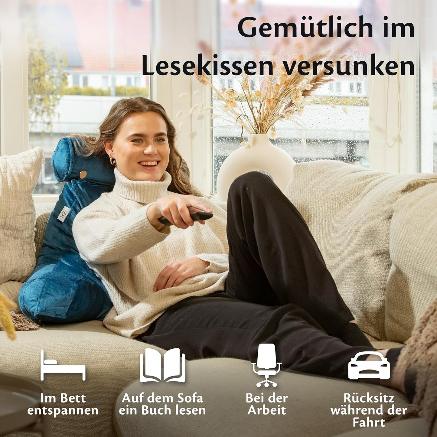 Ella Almohada de Lectura para Cama y Sofá con Rollo para el Cuello Desmontable - Almohada de Respaldo para Cama - Almohada de Lectura de Espuma Viscoelástica con Reposabrazos, Ideal para Leer, Ver TV, Relajarse o Como Respaldo - Gris