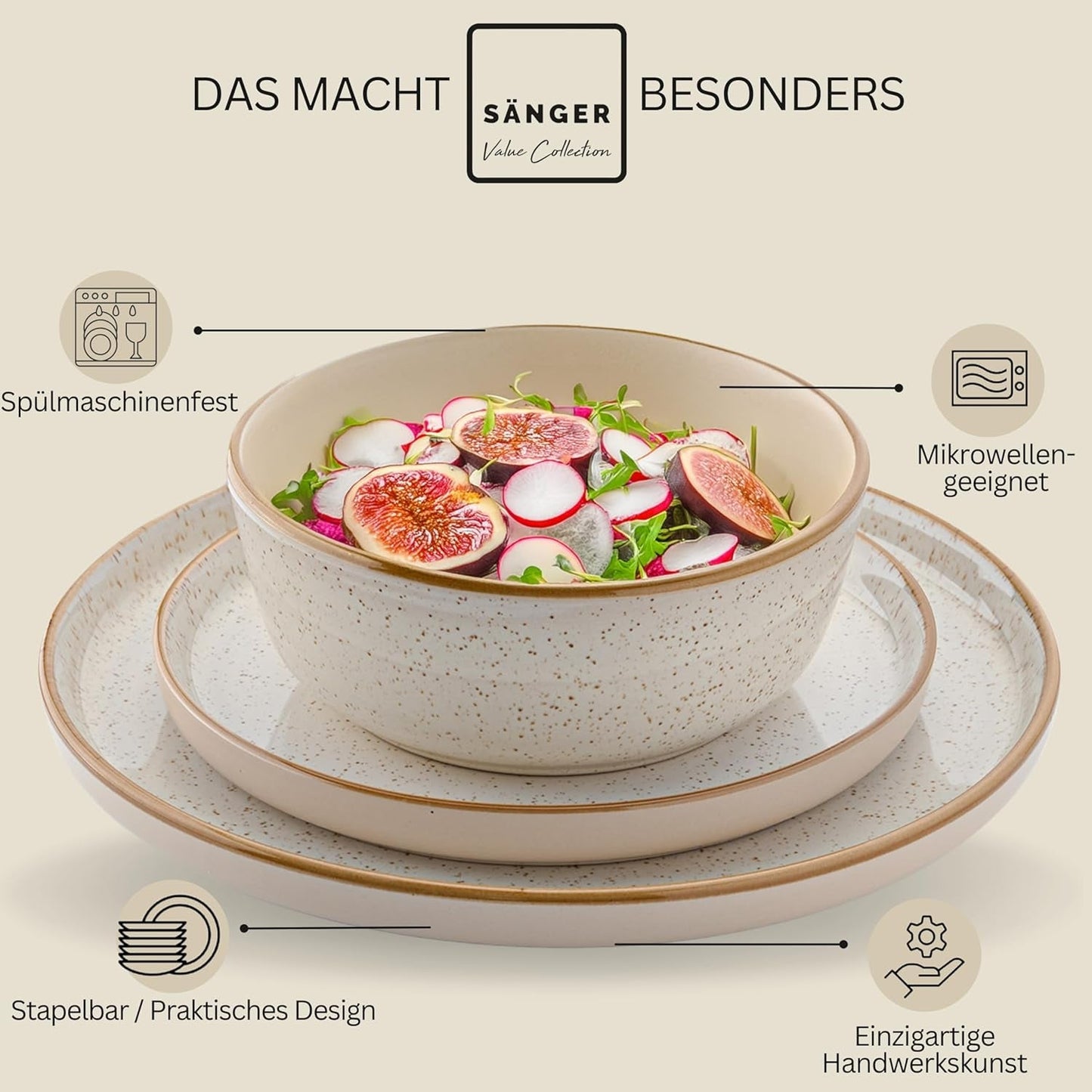 SÄNGER Río Crema | Juego de vajilla de gres de 18 piezas para 6 personas, incluidos 6 platos llanos, 6 platos de postre y 6 tazones | LA COLECCIÓN DE VALOR