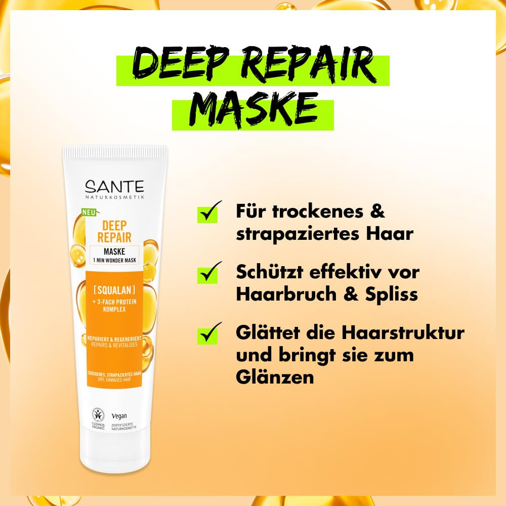 SANTE Natural Cosmetics Deep Repair Mask Squalane + 3x complejo proteico, mascarilla capilar vegana para hidratación intensa y cabello flexible, repara y regenera el cabello dañado, 150 ml Naty Shop Hair Mask