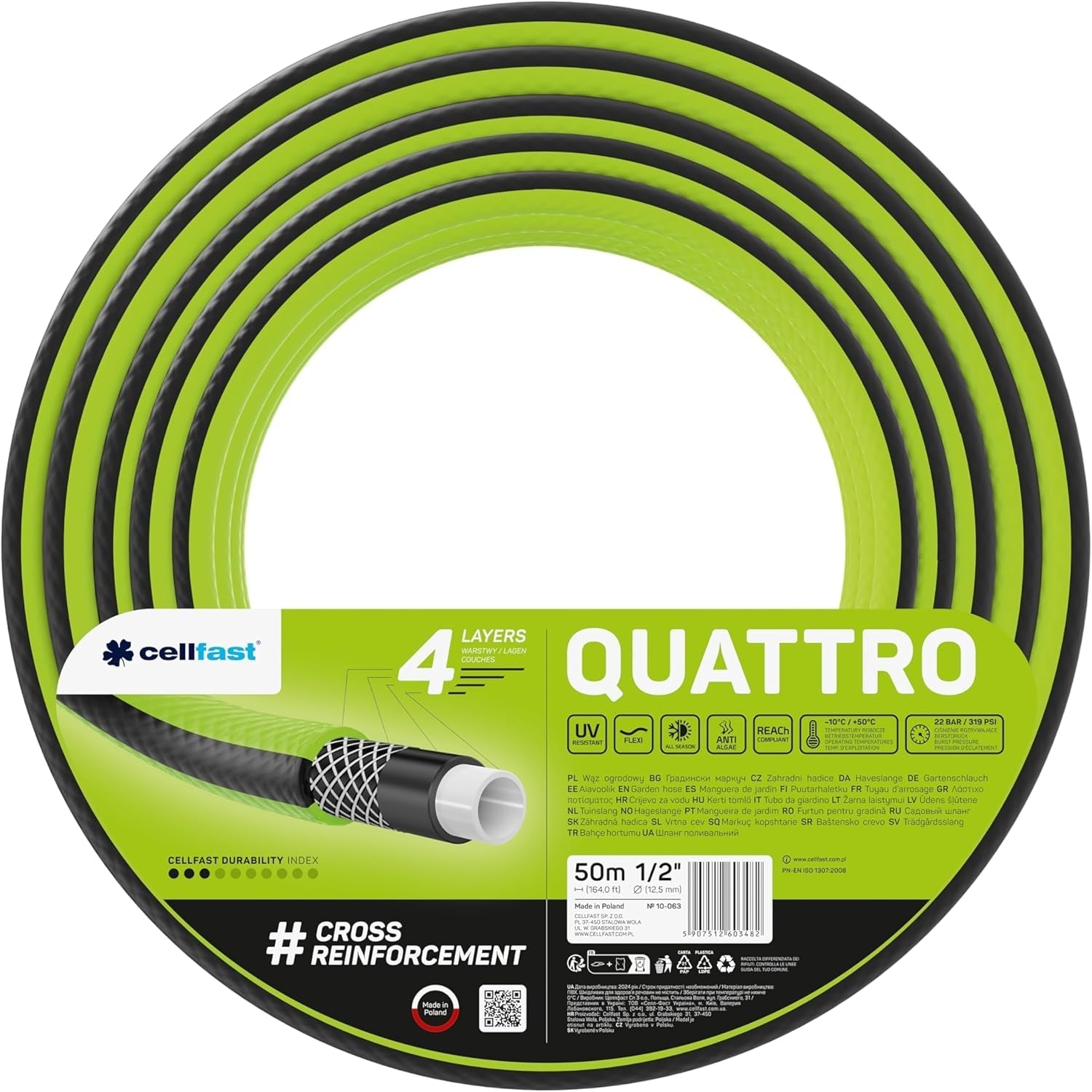 Cellfast QUATTRO Manguera de jardín Durable Liviana 4 capas Manguera de alambre resistente a los rayos UV Trenza cruzada 20 bar 3/4" 15 m 10-074