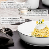 SANGER | Marlo Juego de vajilla con bordes blancos y negros, vajilla de porcelana de 18 piezas para 6, blanco con detalles en negro, platos llanos, platos de postre y tazones, diseño moderno | LA COLECCIÓN PREMIUM