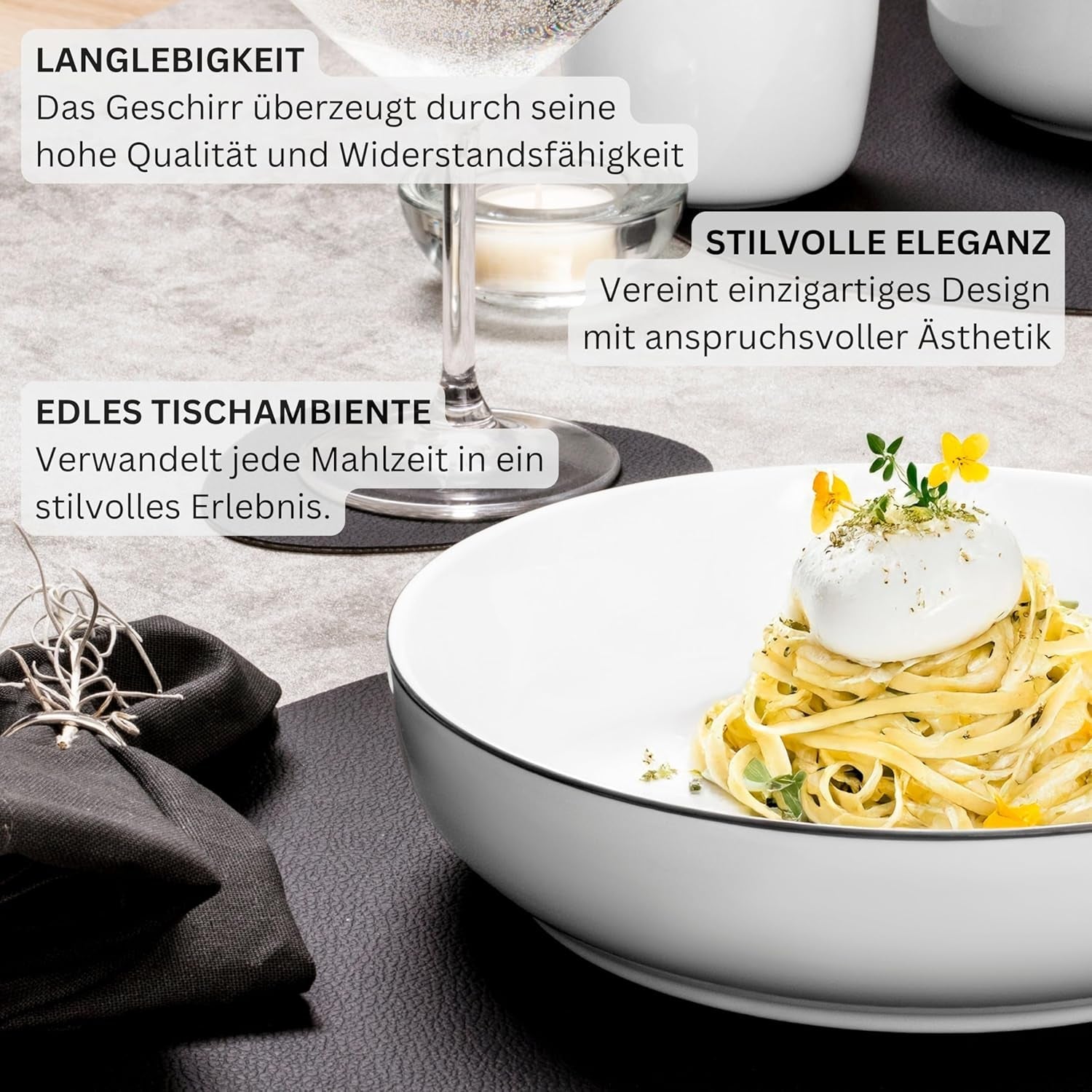 SANGER | Marlo Juego de vajilla con bordes blancos y negros, vajilla de porcelana de 18 piezas para 6, blanco con detalles en negro, platos llanos, platos de postre y tazones, diseño moderno | LA COLECCIÓN PREMIUM
