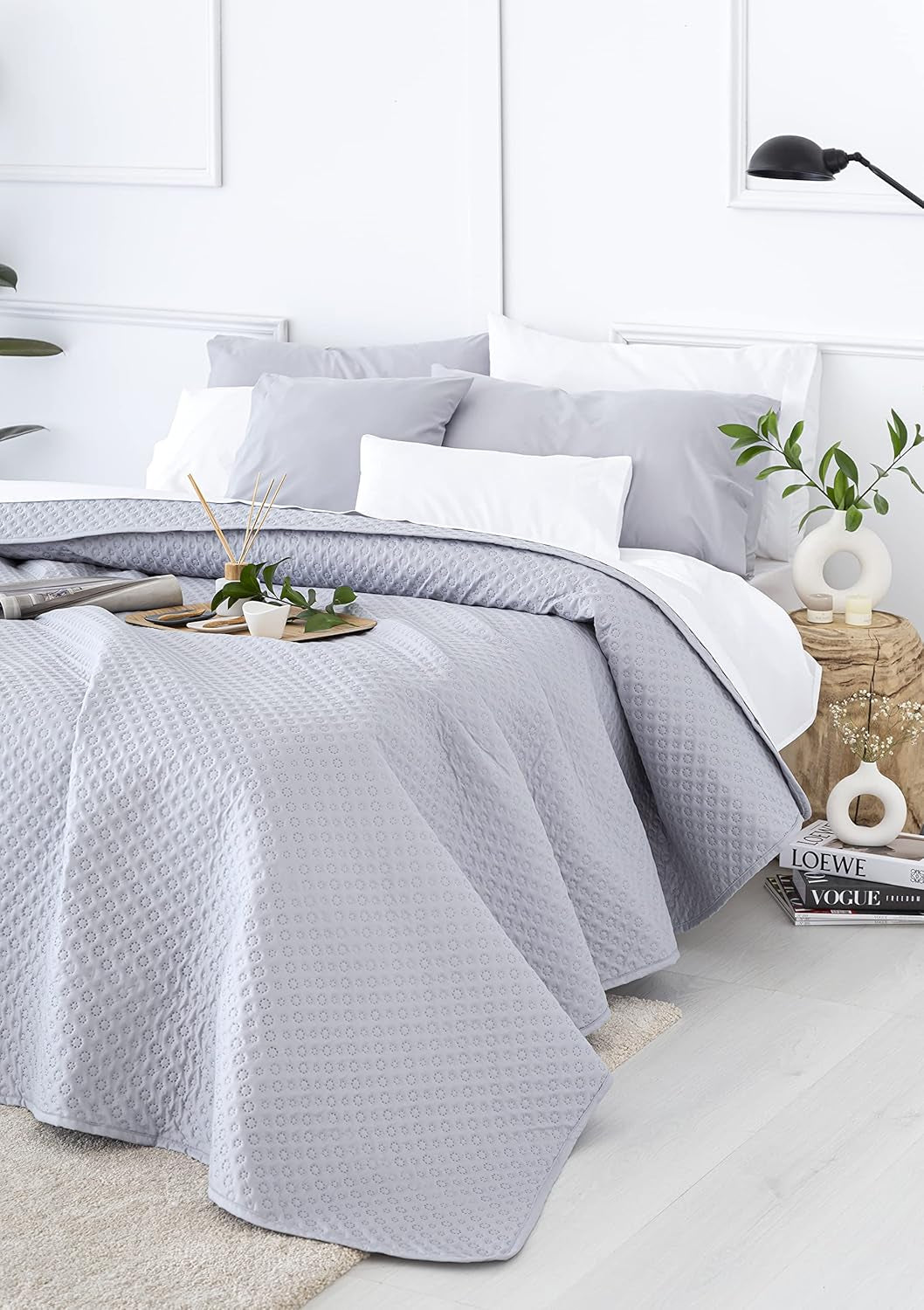 Todocama Fine Boutique Colcha con estampado de piqué, para primavera, verano, otoño e invierno, 100% microfibra súper suave, manta multifuncional, 140/150/160-250 X 260 cm, gris claro Camas y Mantas Beuche den Todocama-Store