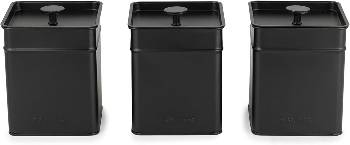 Salter BW12614EU7 Kuro Cajas de Almacenamiento - 4 Recipientes de Cocina Pan/Té/Café/Azúcar Cajas Organizadoras Cuadradas Fácil de Limpiar Mantenga los Alimentos Frescos Negro Naty Shop Cajas de Almacenamiento de Alimentos Set de 3 Piezas
