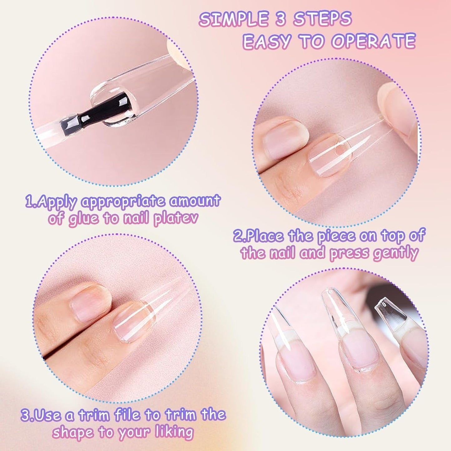 Uñas postizas transparentes extralargas, 240 piezas de uñas postizas de media cubierta, uñas postizas rectas cuadradas, extensiones de uñas francesas para salones de uñas y arte de uñas DIY