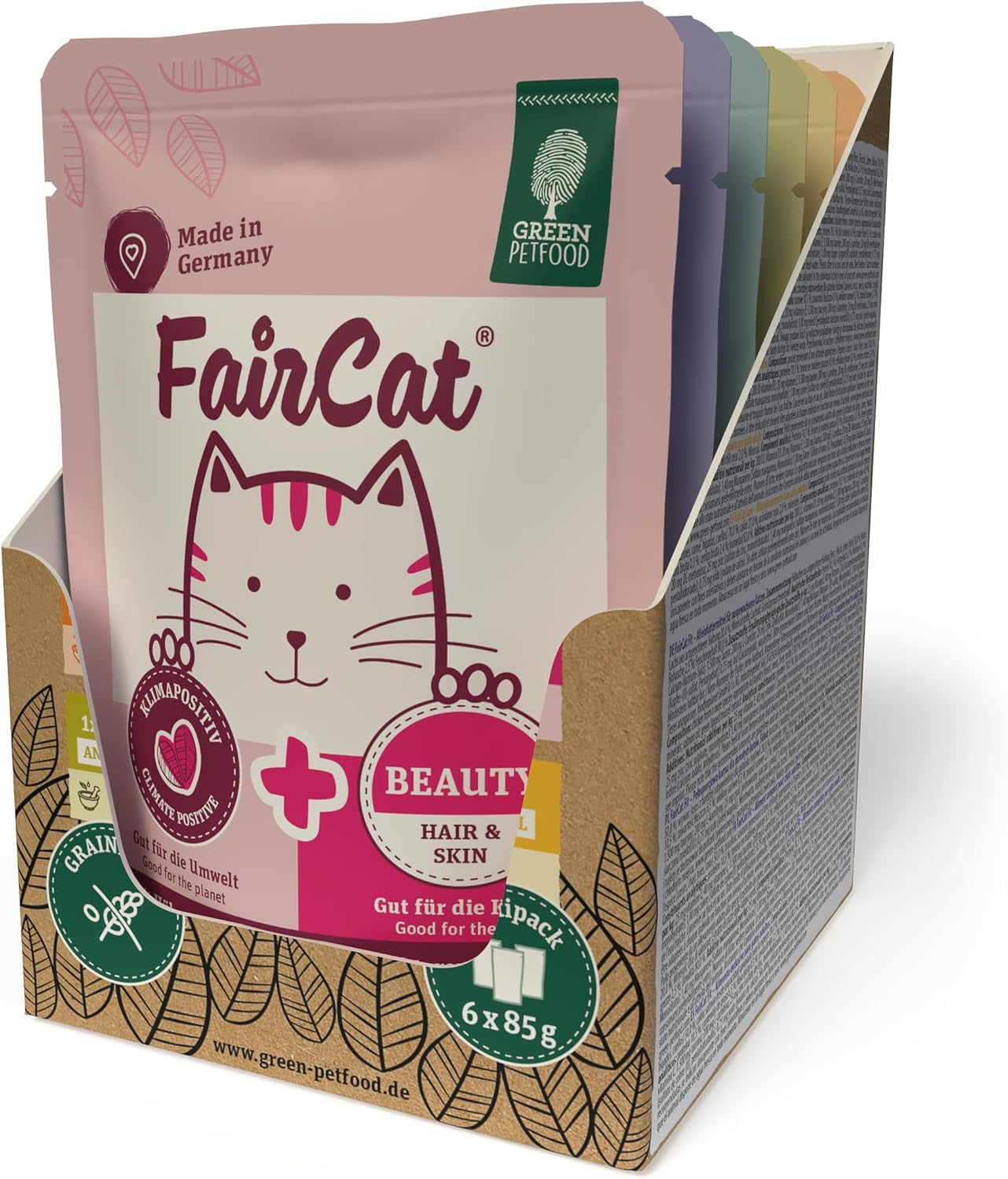 Paquete múltiple Green Petfood FairCat (6 x 85 g) | Adulto | Comida húmeda premium para gatos grandes 6 versiones diferentes Sorten im Multipack | getreidefrei | Katzenfutter nas | paquete de 6
