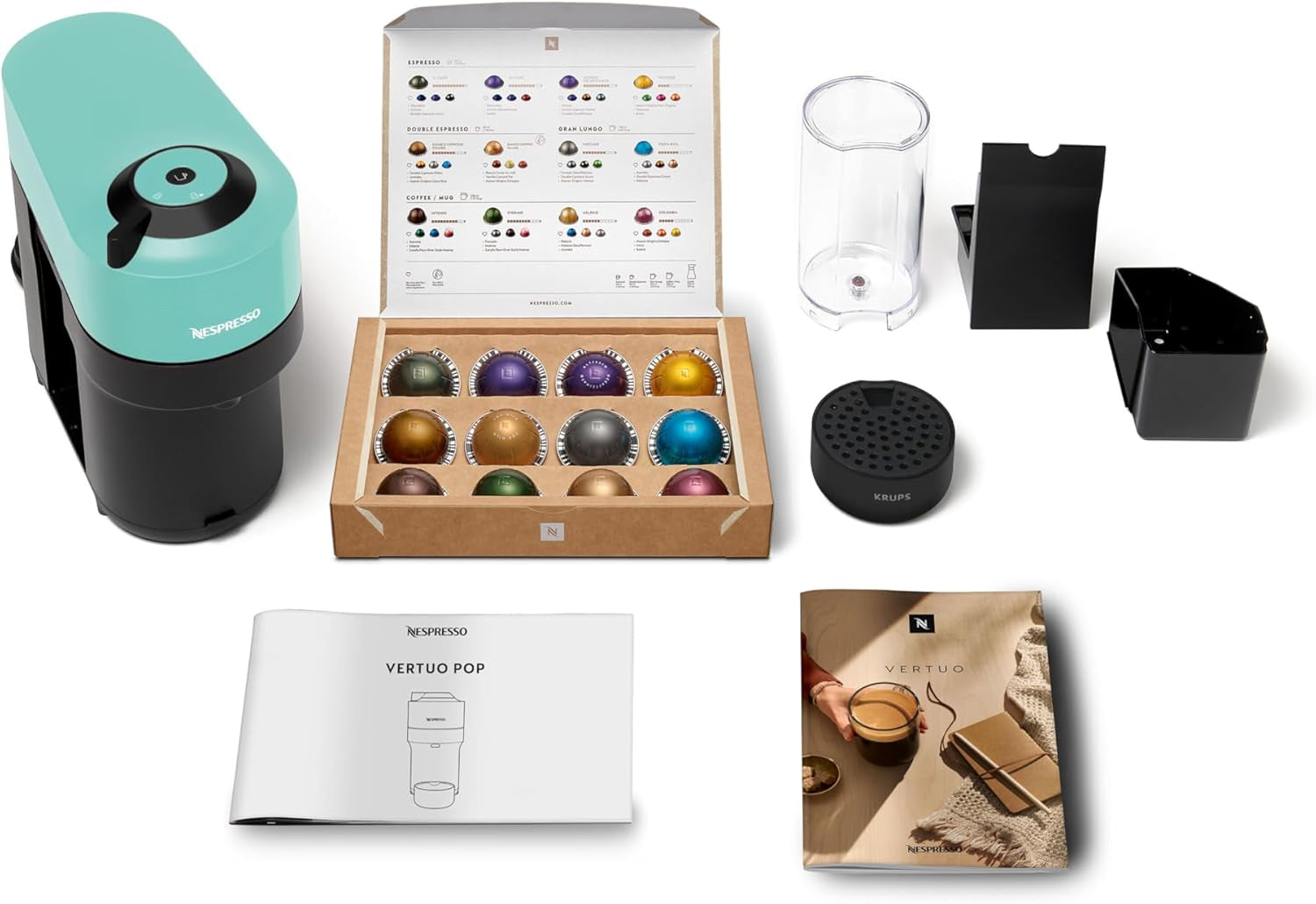 Cafetera espresso con cápsulas Nespresso Krups Vertuo Pop, capacidad: 560 ml, reconocimiento automático de cápsulas, sistema one-touch, 4 tamaños de taza, tiempo de calentamiento reducido, sostenible, Aqua Mint, XN9204