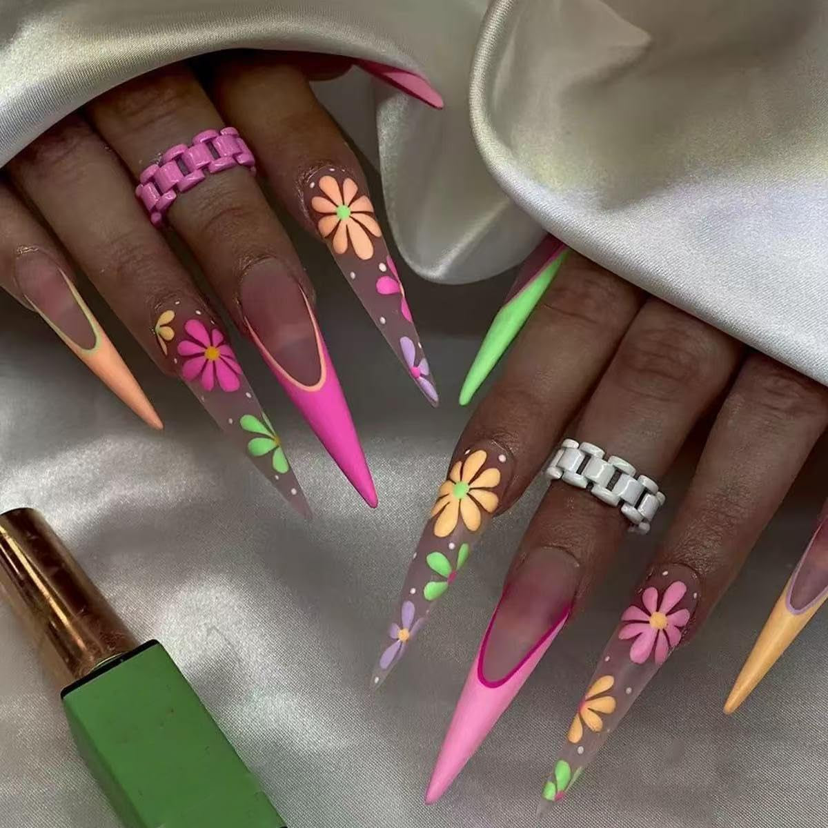 Mouyouglow-uñas largas Stiletto, color blanco lechoso, degradado, purpurina rosa, uñas postizas frescas con pegamento, uñas artificiales con purpurina rosa ombré