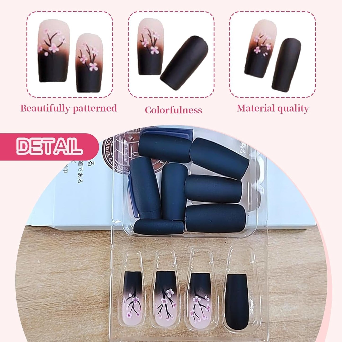 24 Uds. De uñas postizas negras de otoño, prensa francesa, flor rosa, uñas largas, pegamento en uñas postizas, juego de uñas postizas de otoño con accesorios