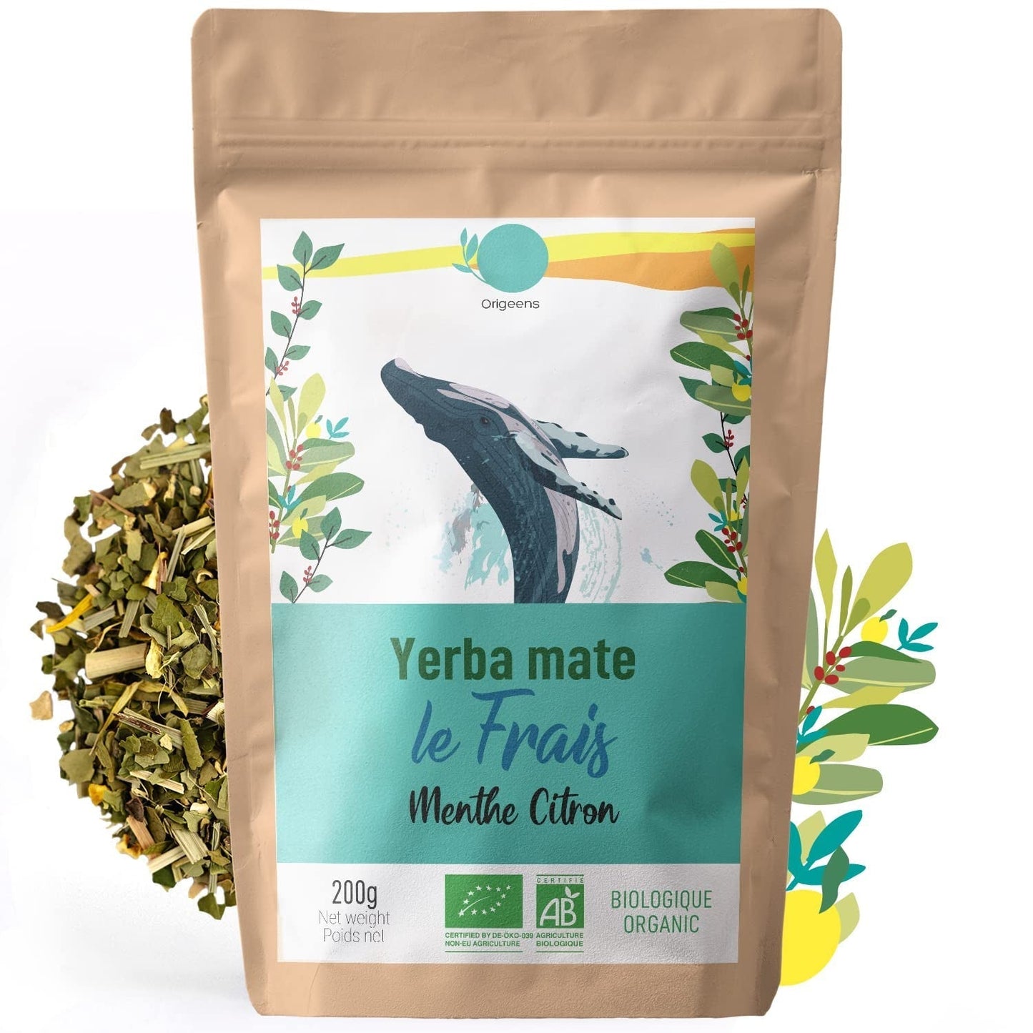 ORIGEENS YERBA MATE BIO CON MENTA Y LIMÓN 200 G - Frescura I Yerba Mate Bio Sin Tostar, hojas, sin tallos y sin polvo