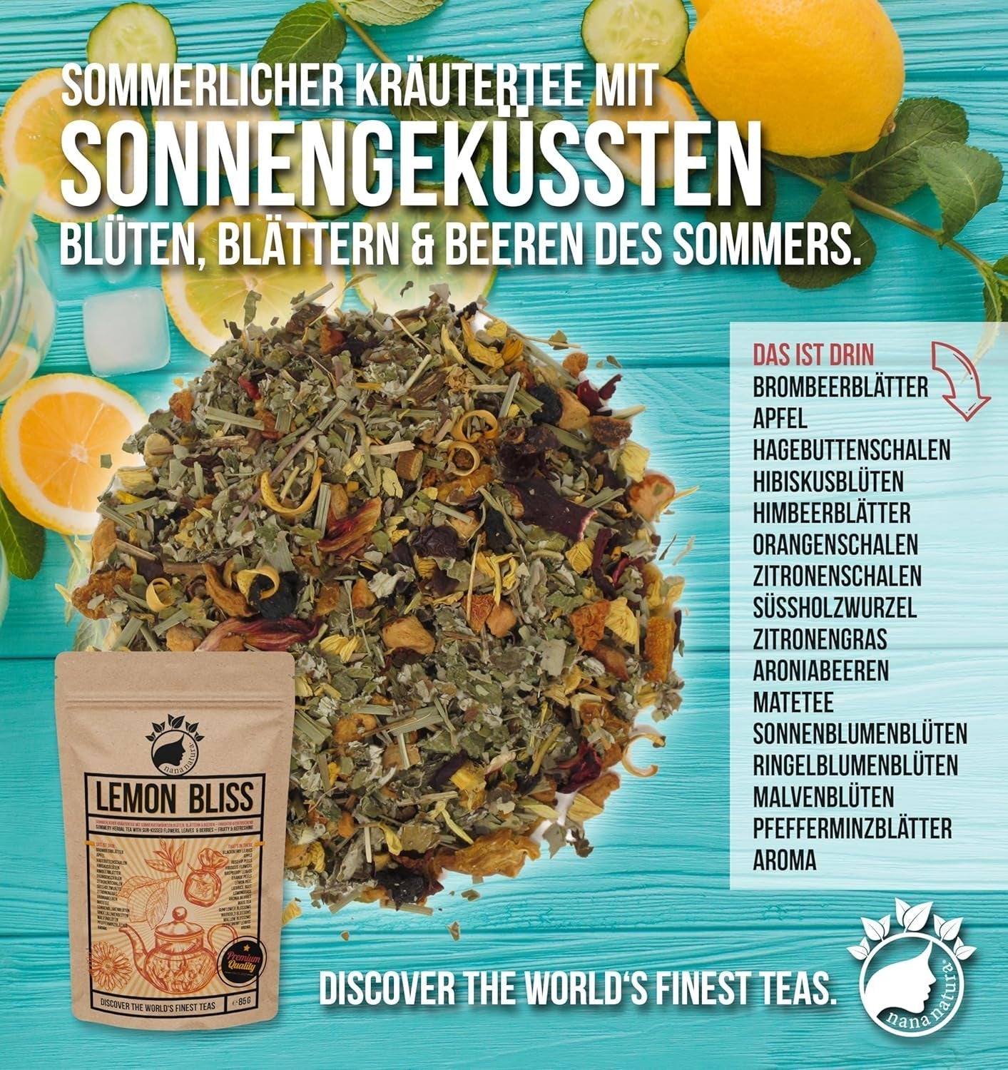 TÉ DE LEMON BLISS Original de Nananatura 85G | Té de hierbas de verano afrutado y refrescante | Como té frío, té helado o caliente clásico | Con flores, hojas y bayas maduradas al sol | sin azúcar