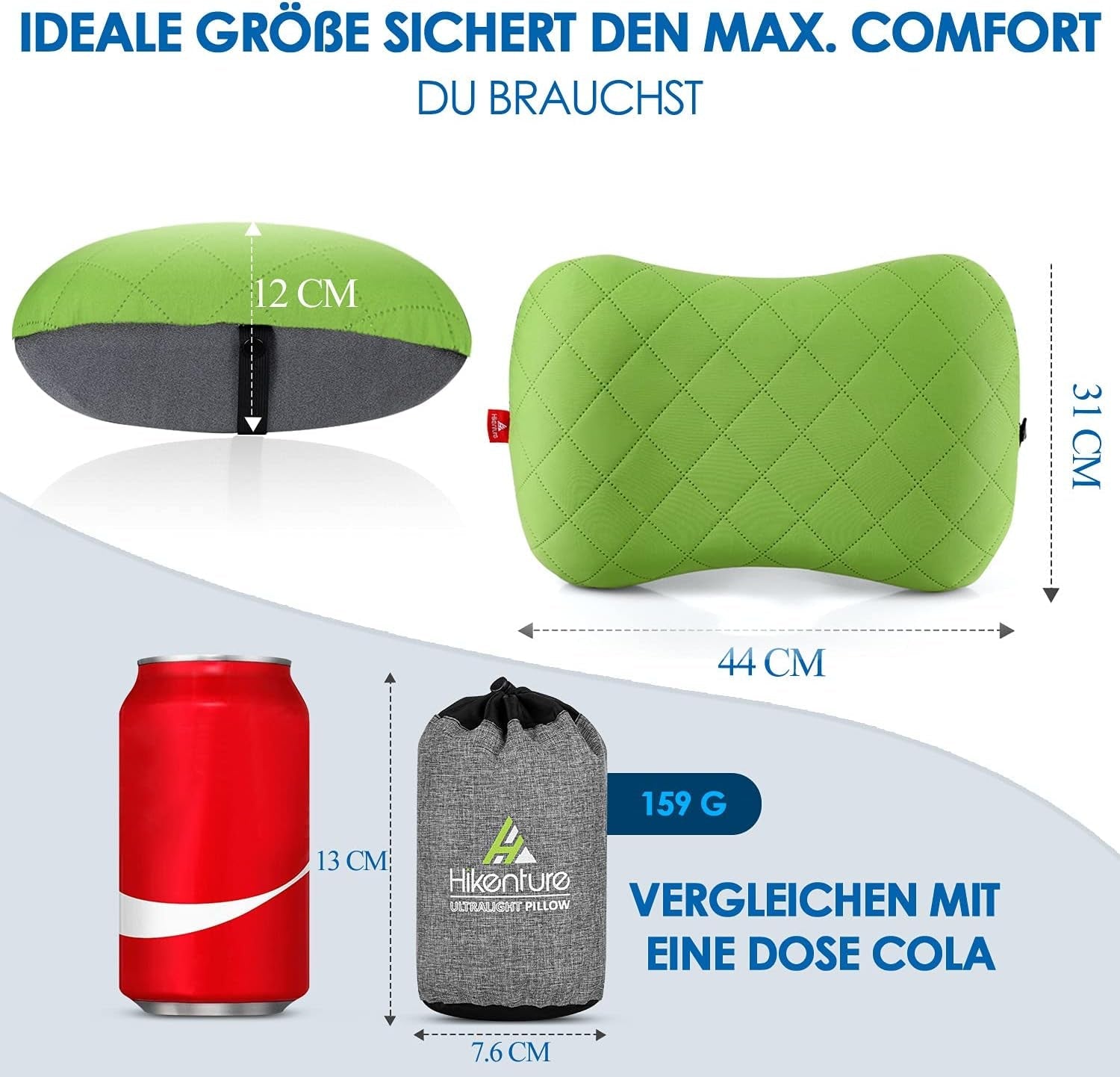 HIKENTURE Almohada Inflable para Camping/Viaje con Funda de Almohada Extraíble, Almohada Ergonómica, Cómoda Almohada para el Cuello para Viajes/Exteriores, Almohada Inflable para el Cuello de Viaje (Verde)... Almohadas Ortopédicas Cervicales Naty Shop